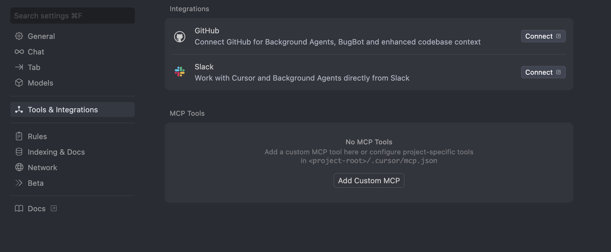 Cursor tools and integrations settings page