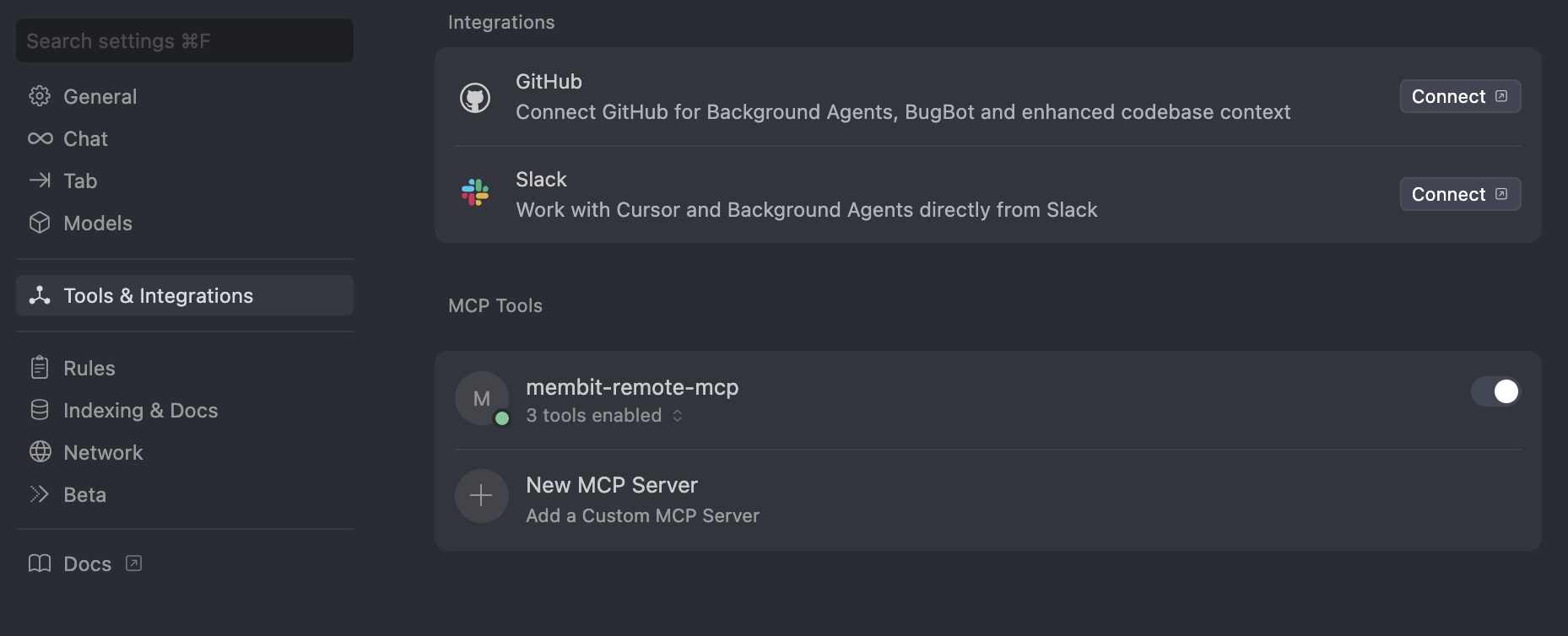Cursor interface showing how to enable Membit Remote MCP tool