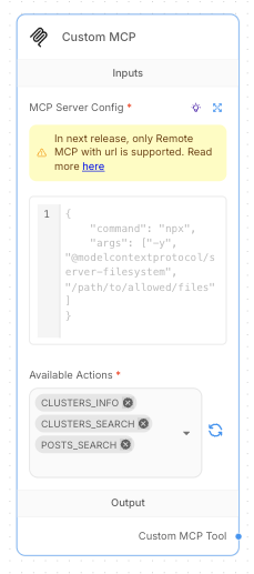Custom MCP node configuration interface in Flowise