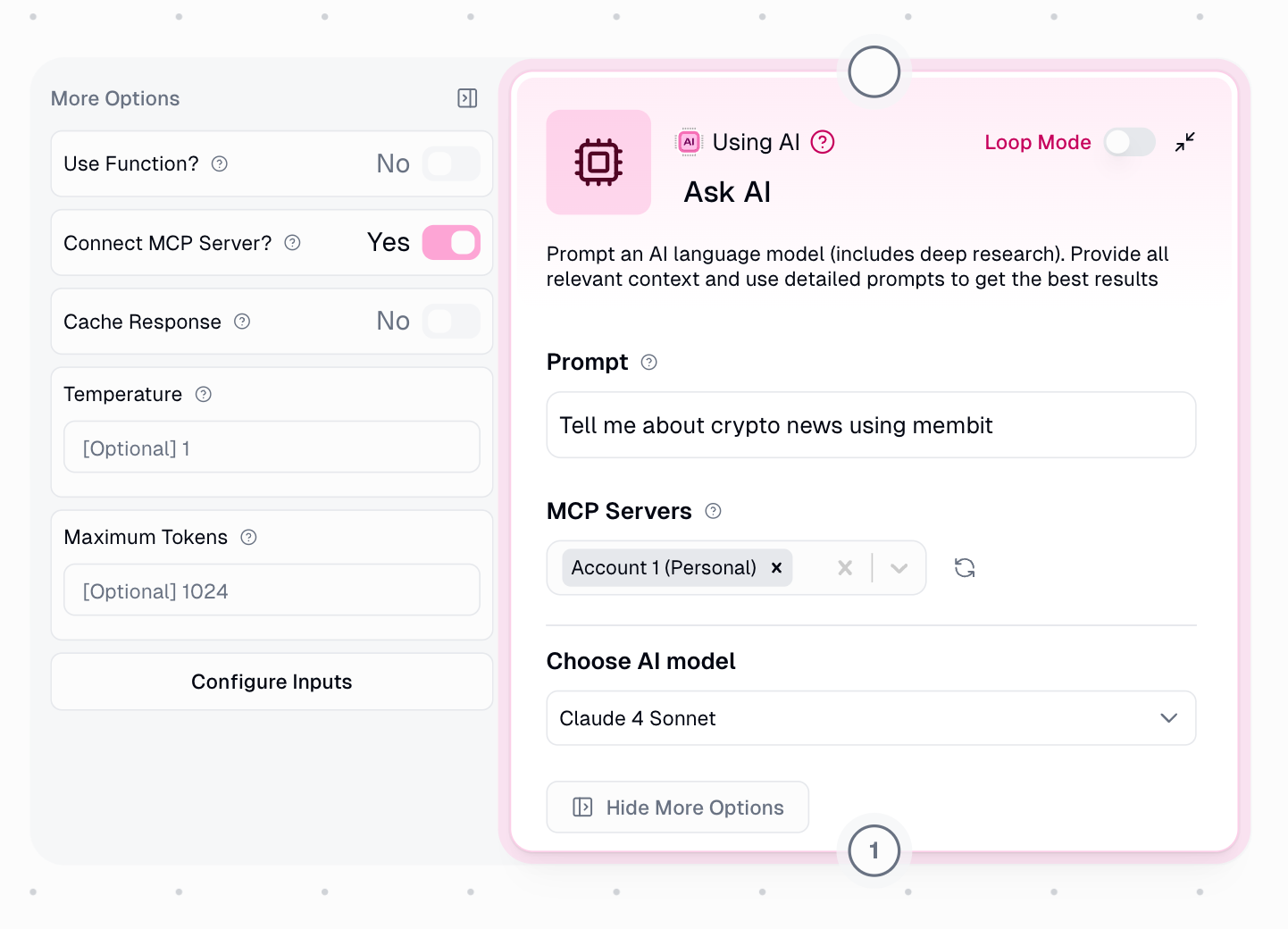 Ask AI node options showing MCP server connection settings