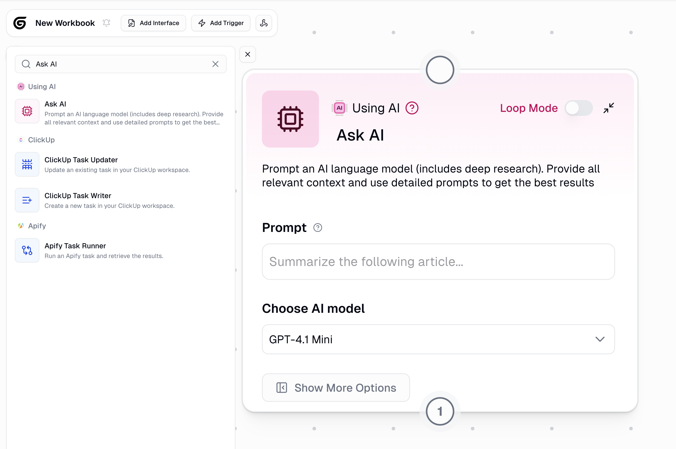 Searching for Ask AI node in Gumloop node library