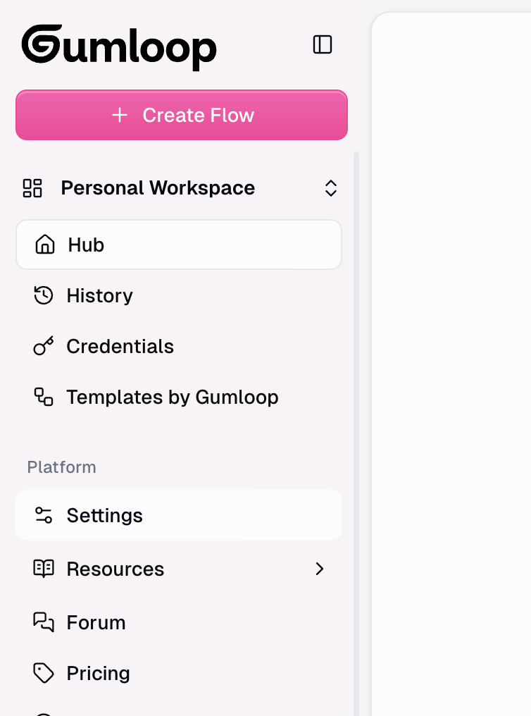Gumloop dashboard with settings menu highlighted