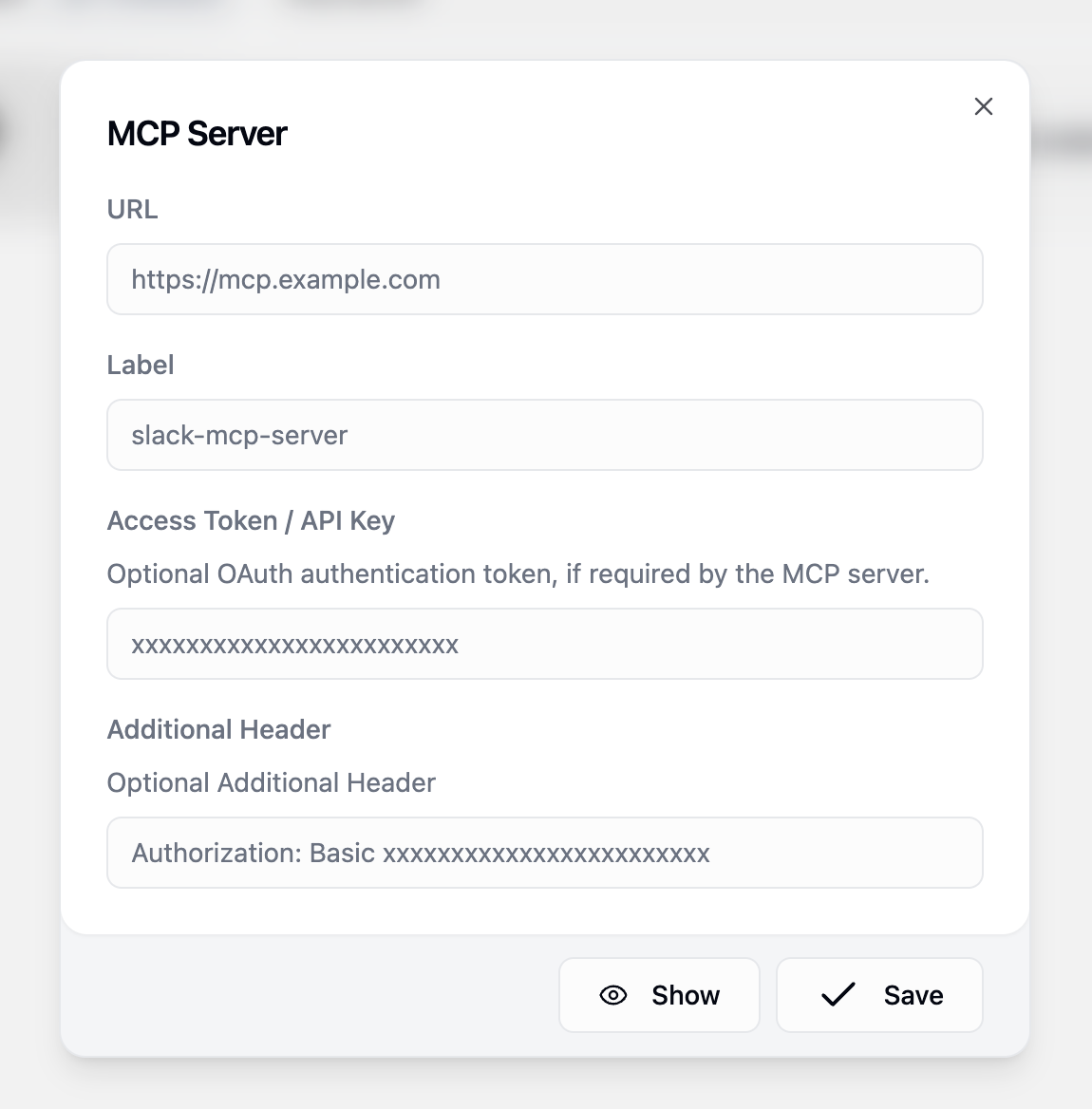 MCP server configuration form in Gumloop with URL and label fields