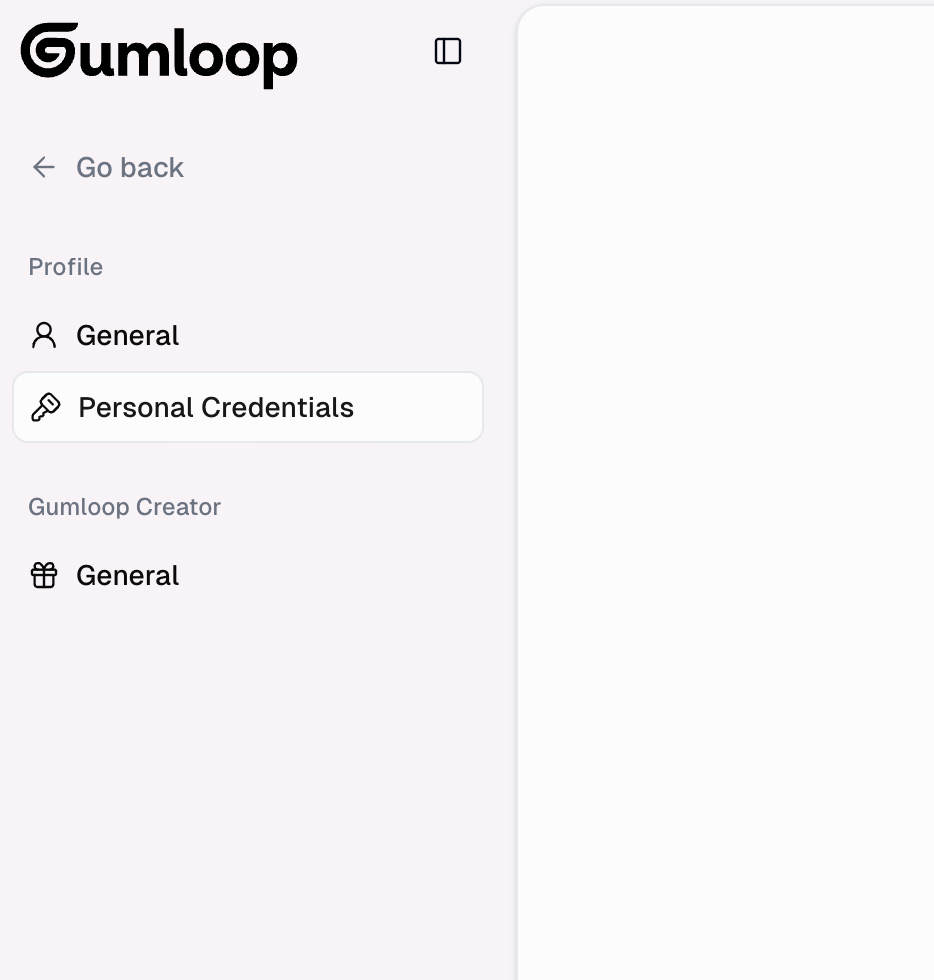 Gumloop settings page showing personal credentials section