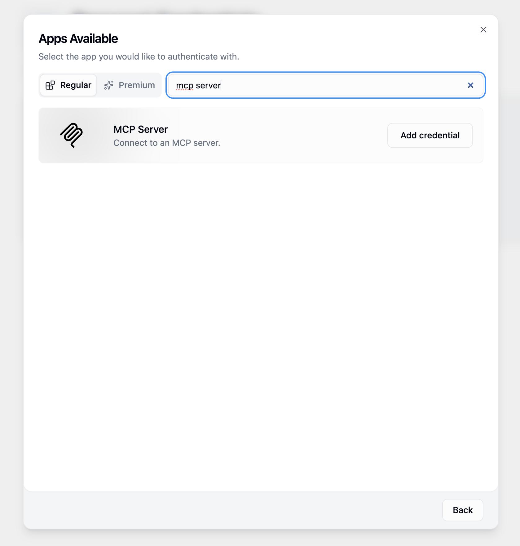Searching for MCP server in Gumloop credentials options