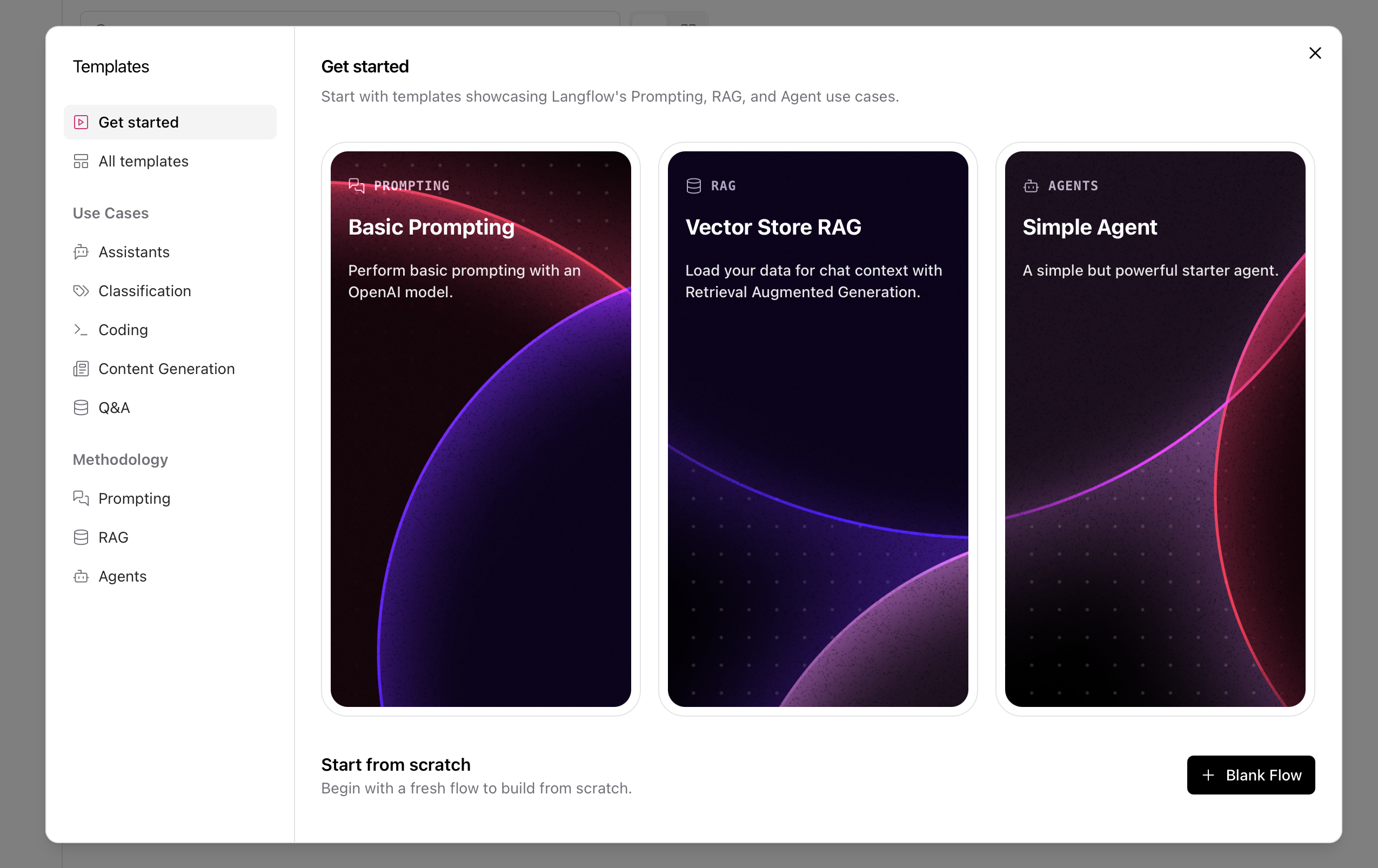 Langflow template selection showing blank flow option