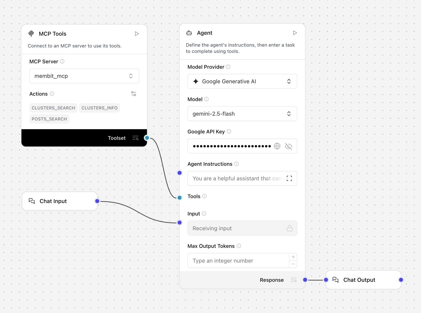 Complete Langflow workflow showing connected components