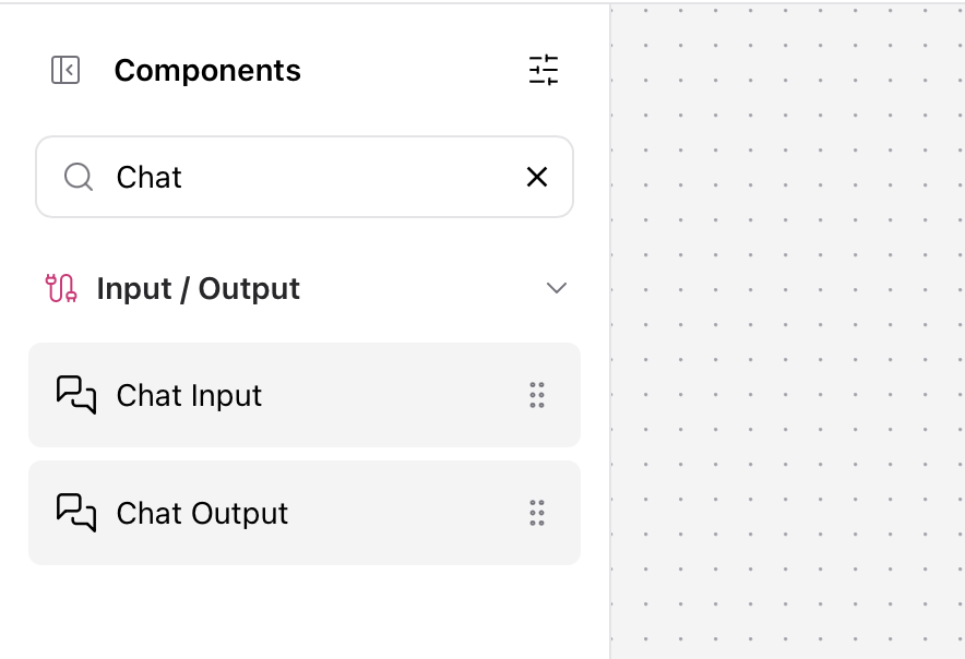 Chat components in Langflow showing input and output nodes