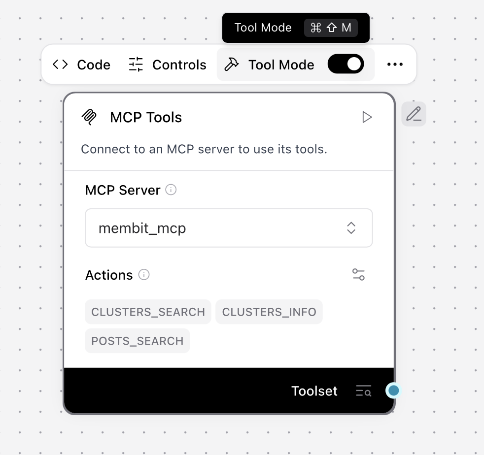 MCP tools configuration showing toggle tool mode option