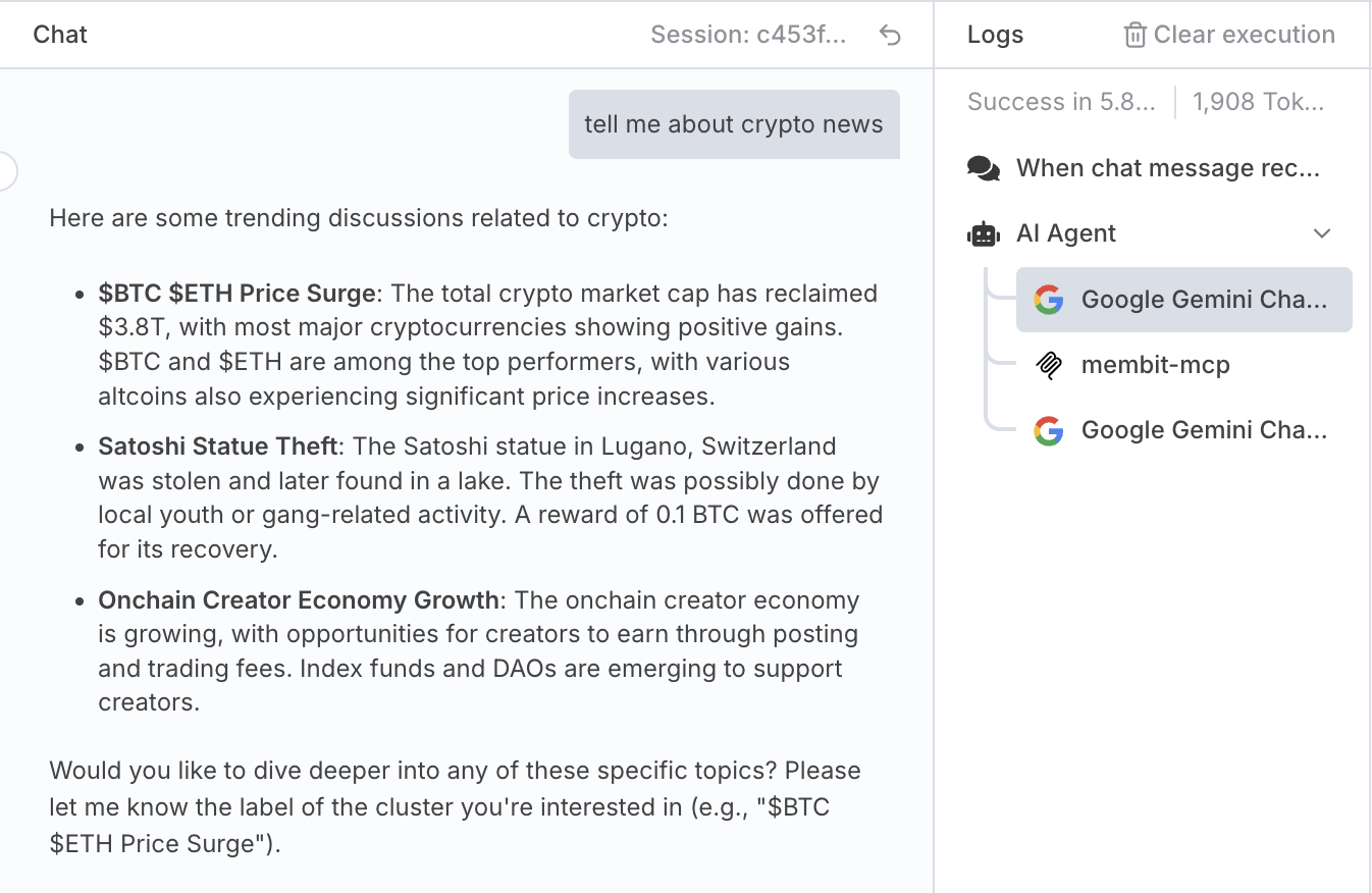 n8n workflow execution result showing AI response with real-time context