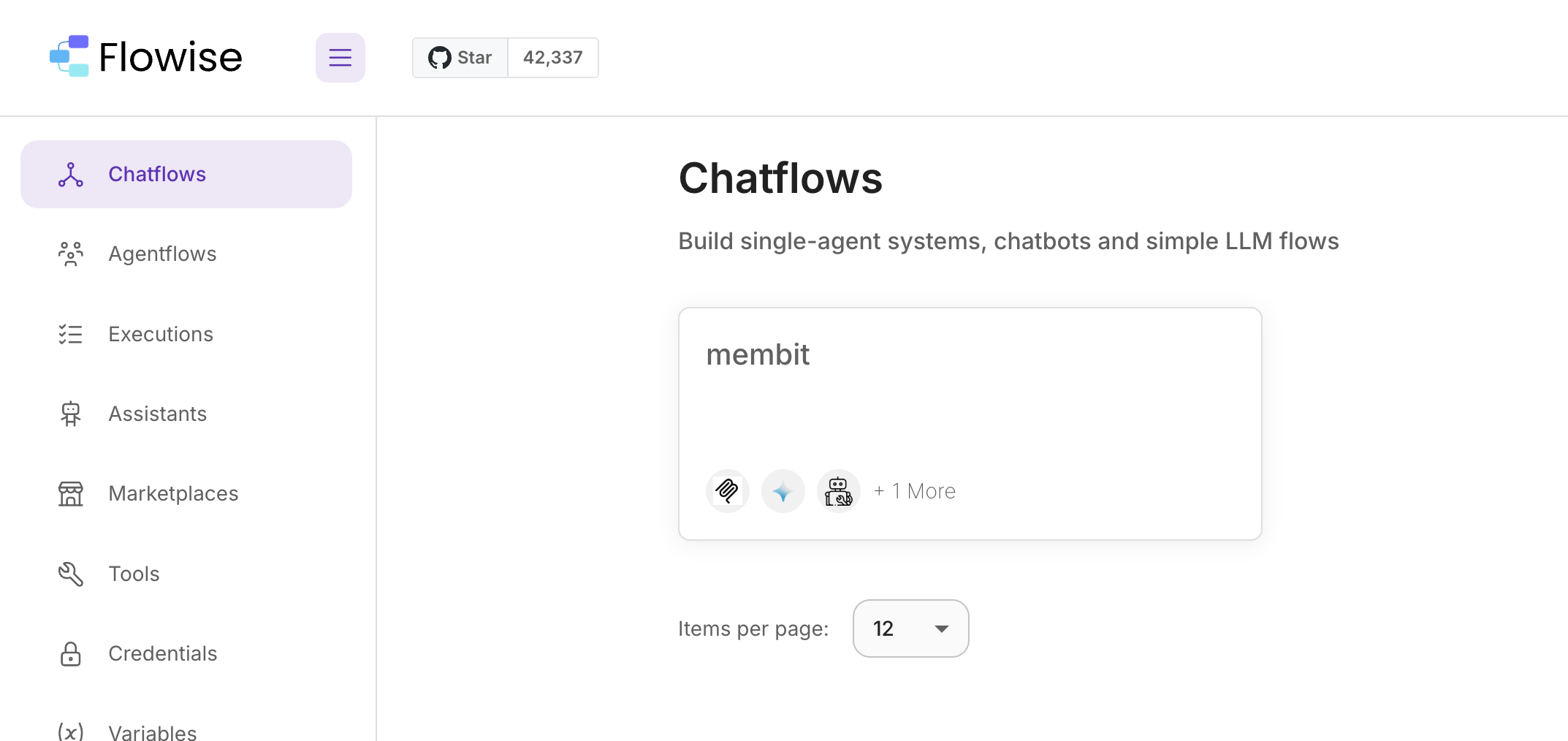Flowise dashboard showing chatflows menu option