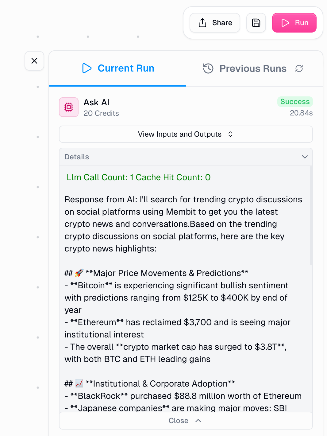 Gumloop workflow execution results showing AI response with real-time context