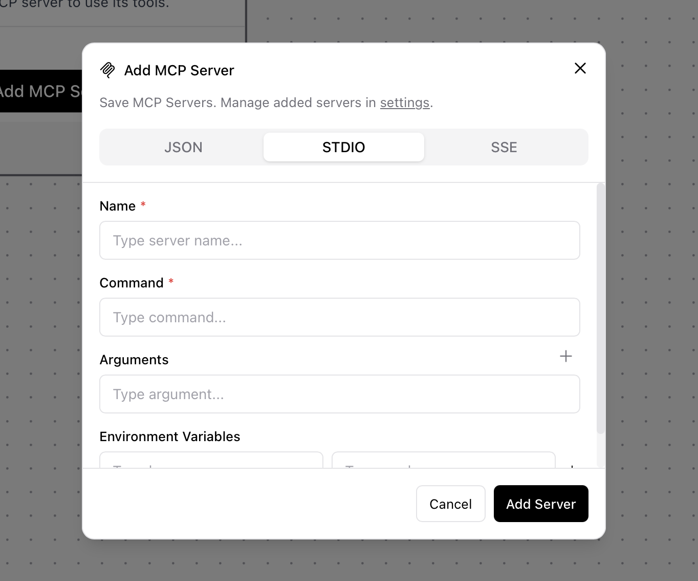 MCP server configuration interface showing STDIO option