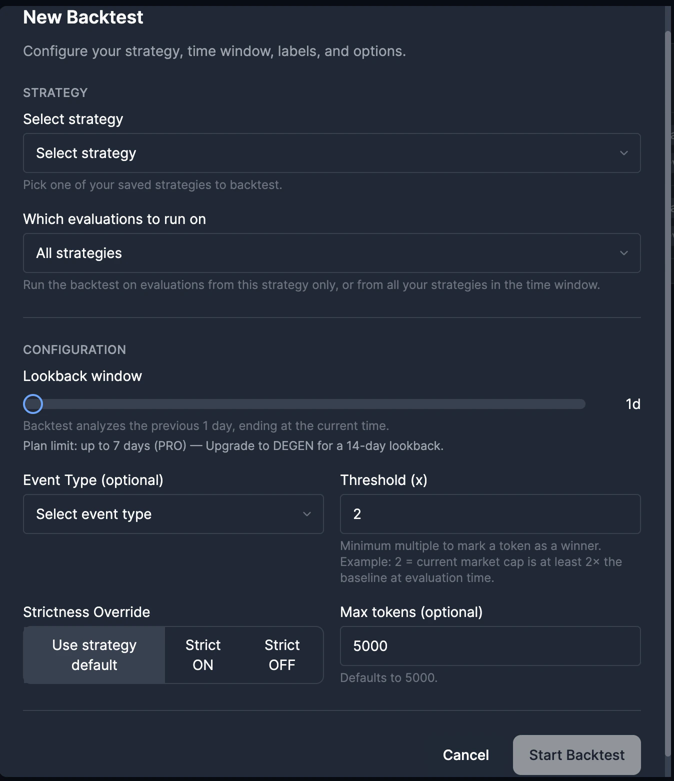 New Backtest modal showing strategy selection, lookback window, and options