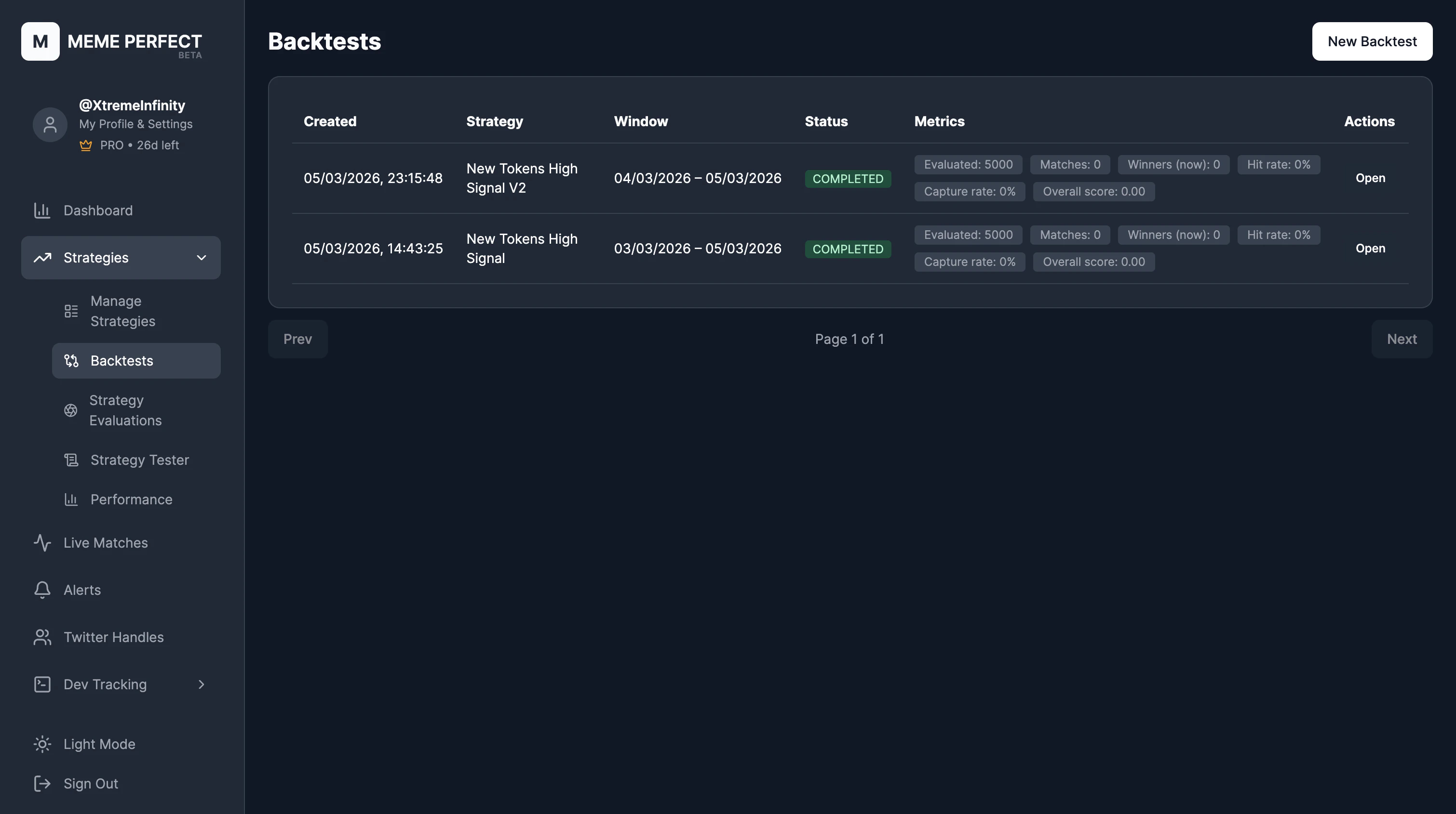 Backtest job page showing metrics and filterable results table