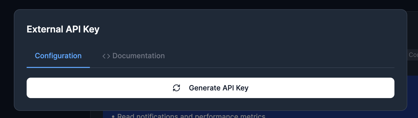 Developer API key generation screen