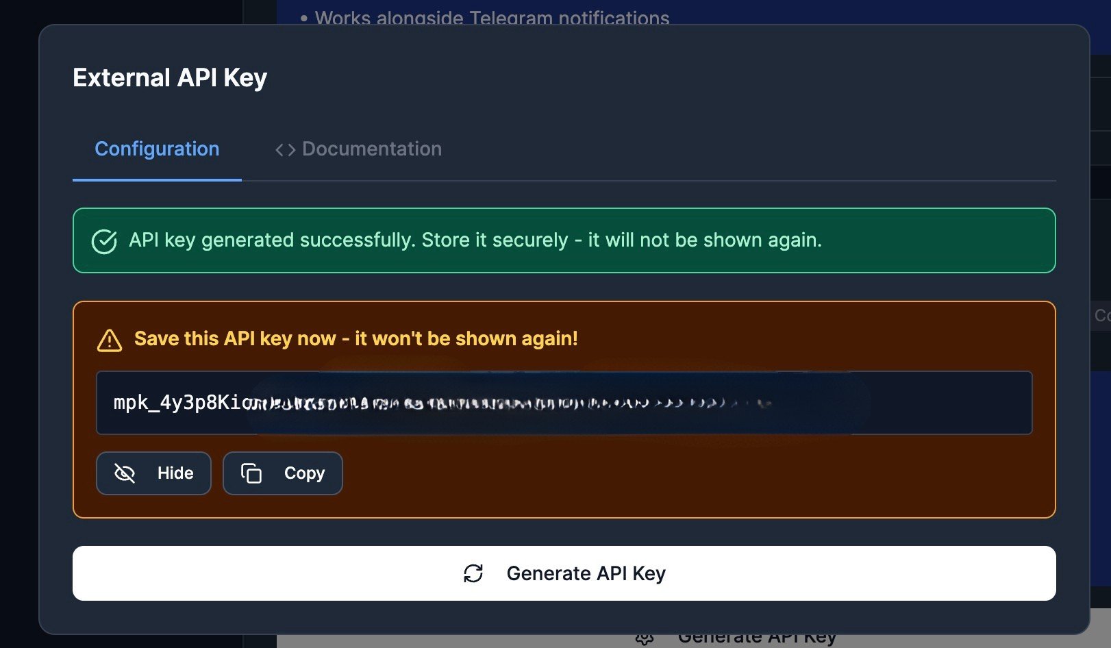 Generated API key shown in the dashboard