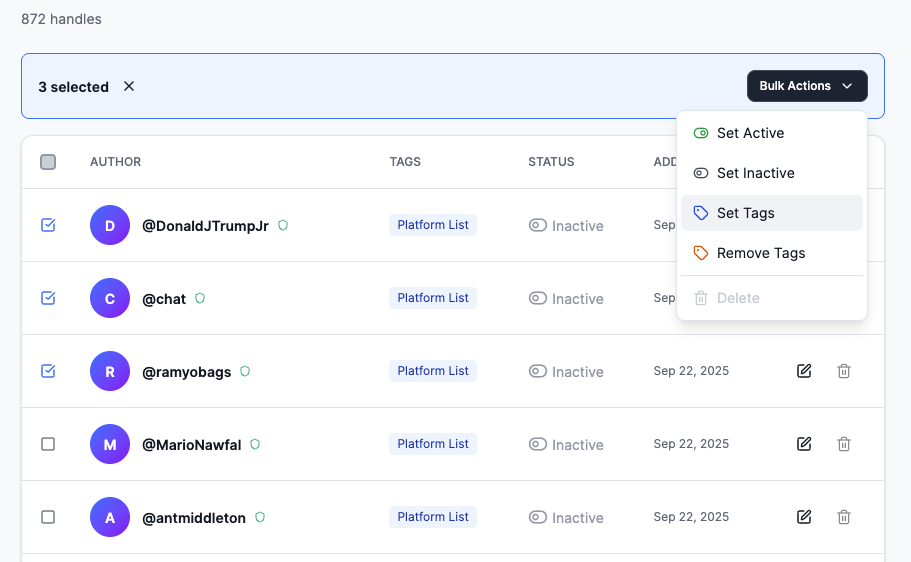 The Edit Handle modal showing a handle's current information with a section displaying available tags as checkboxes. Some tags are checked (assigned) and others are unchecked. The modal shows the handle's status (Active/Inactive) and allows editing the handle name