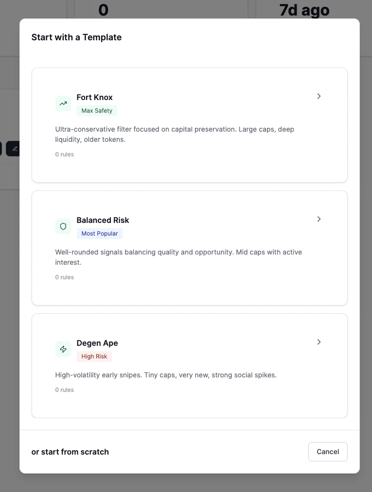 Template selection Template selection screen