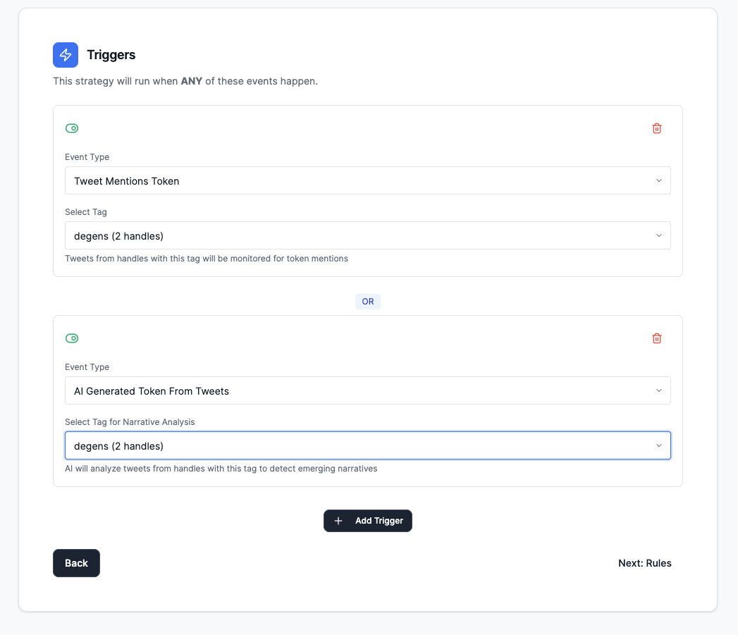 The Strategy Triggers step showing a trigger configuration.