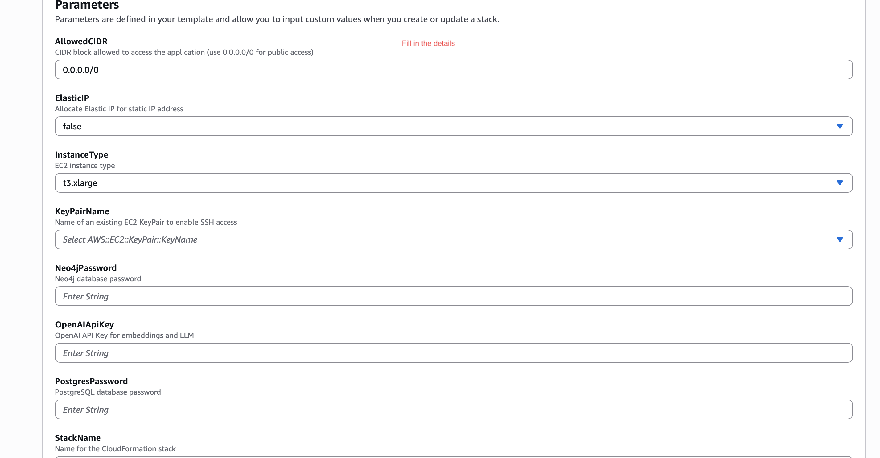AWS Stack Details Entered