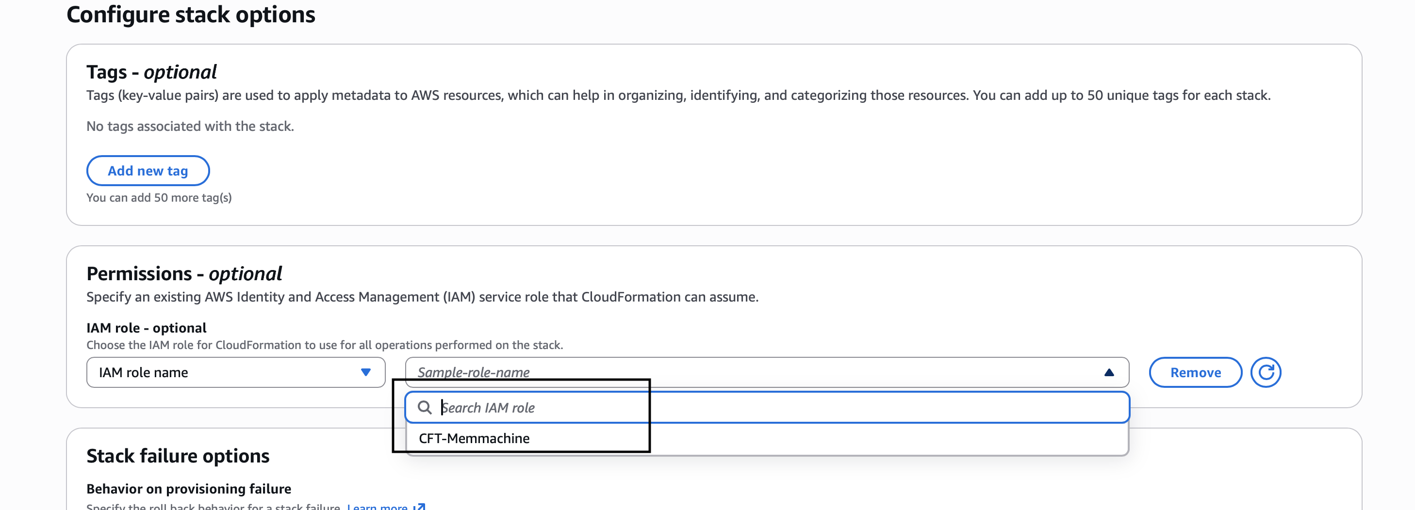 AWS Configure Stack Options