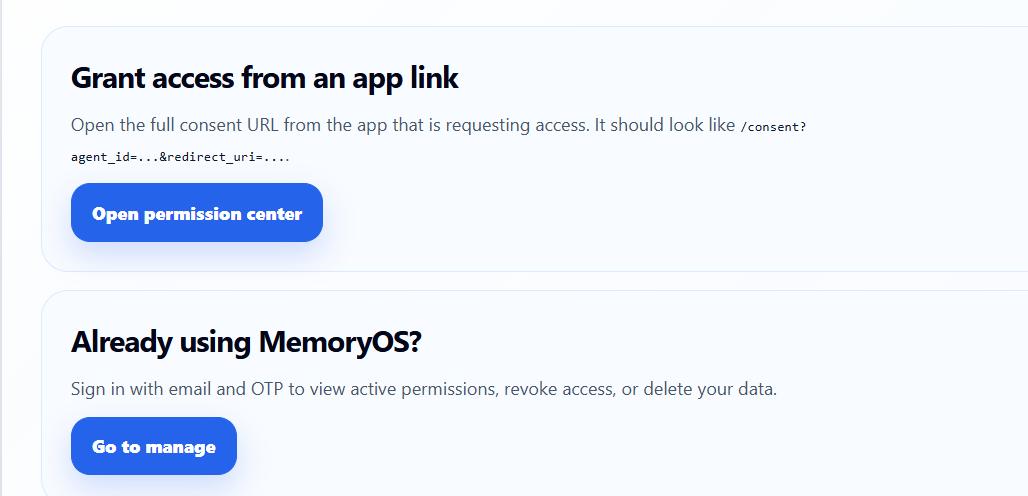 Memory Passport manage page showing active agent grants and revoke actions