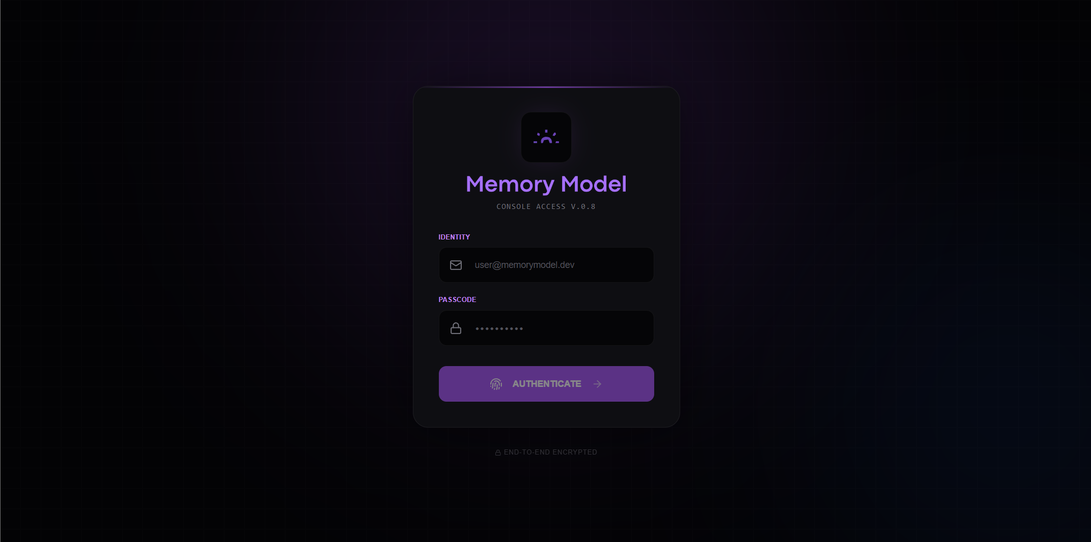 Memory Model login screen