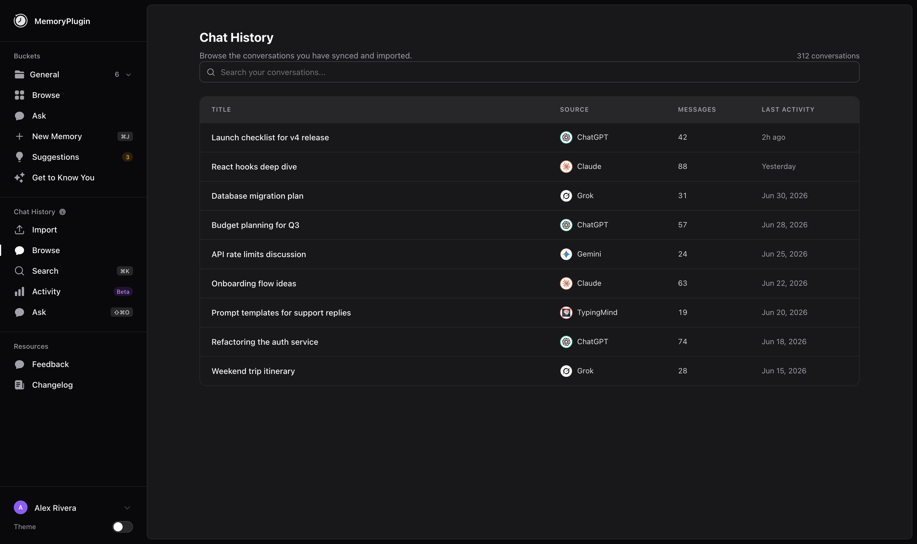 Chat History Browse page listing conversations from ChatGPT, Claude, Grok, Gemini, and TypingMind with message counts and last activity