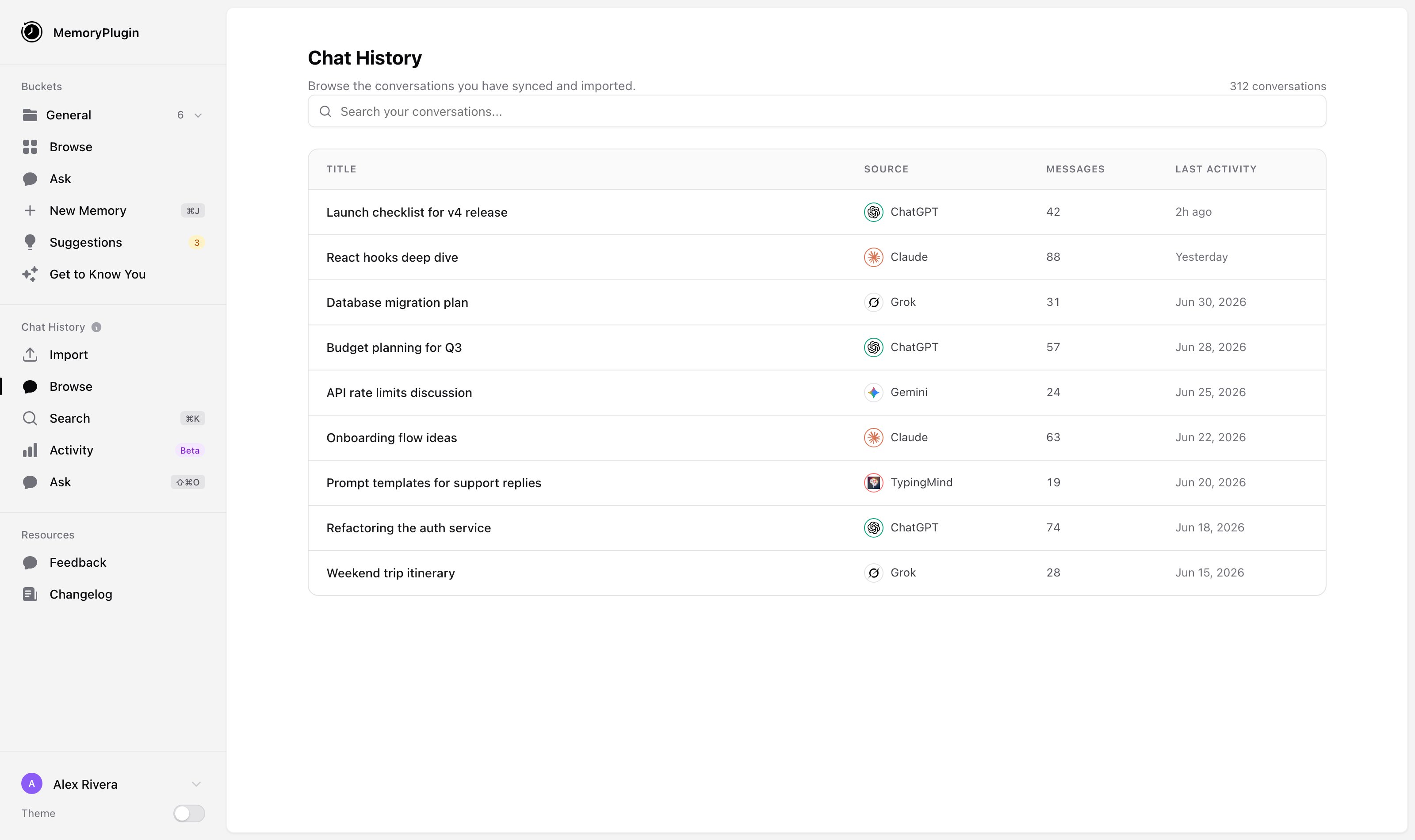 Chat History Browse page listing conversations from ChatGPT, Claude, Grok, Gemini, and TypingMind with message counts and last activity