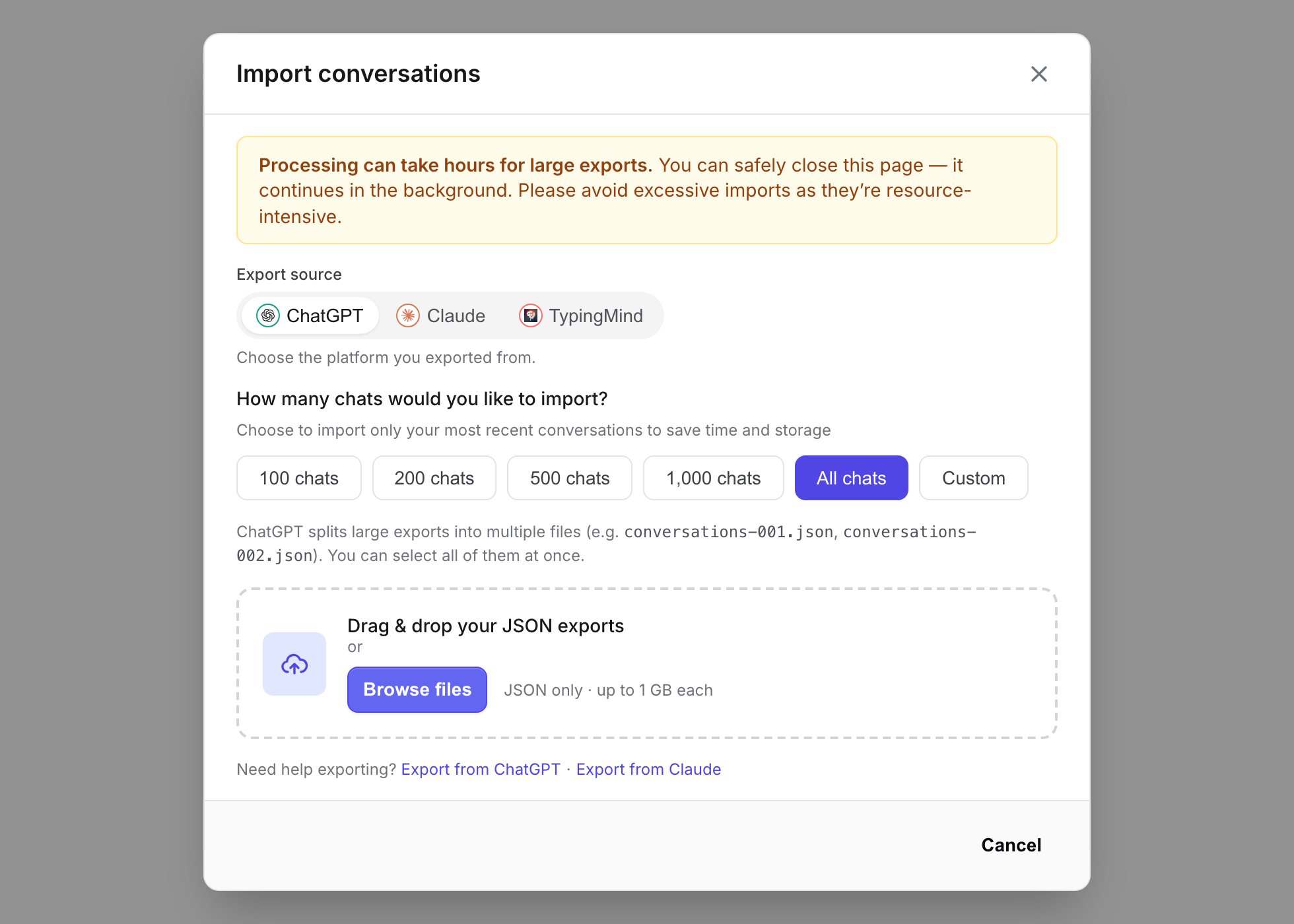 New Import modal with a warning banner, an Export source selector (ChatGPT, Claude, TypingMind), chat-count presets, and a JSON drag-and-drop zone