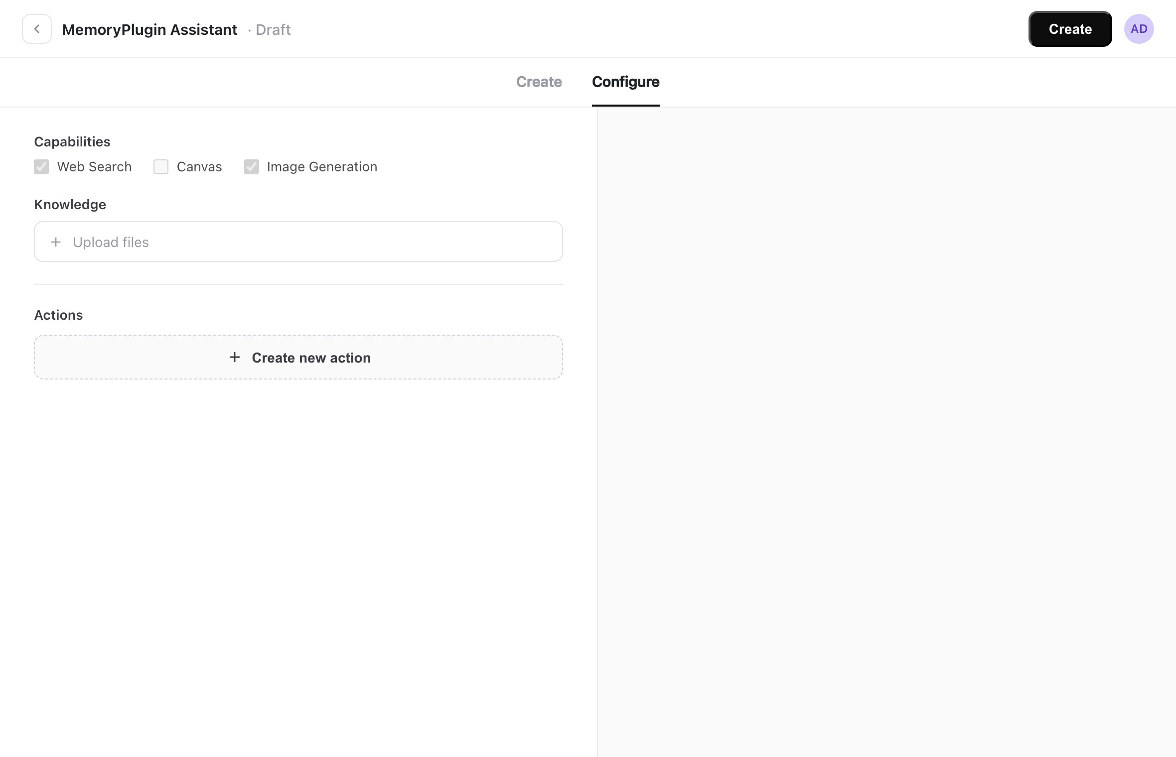 Actions section in the Custom GPT editor