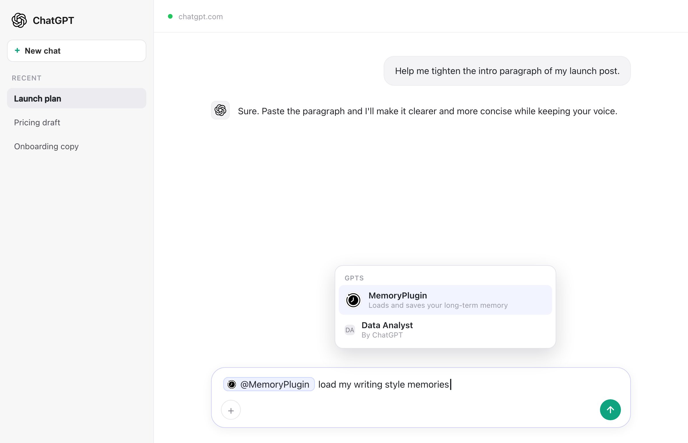 Using @MemoryPlugin to invoke the Custom GPT in an existing chat