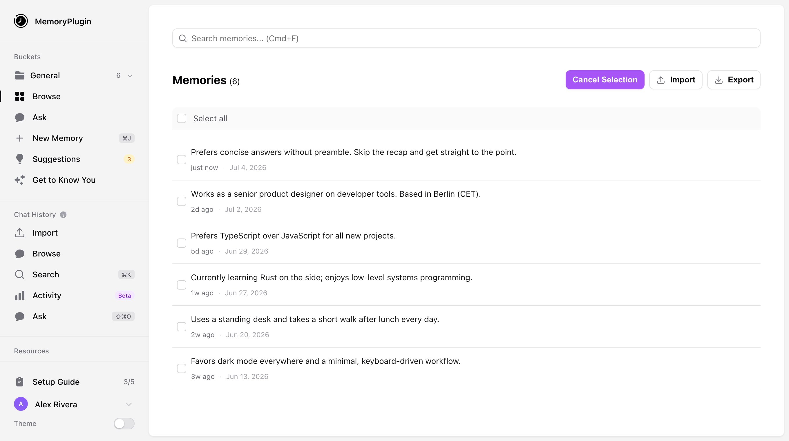 Memory list in selection mode with a checkbox on each memory