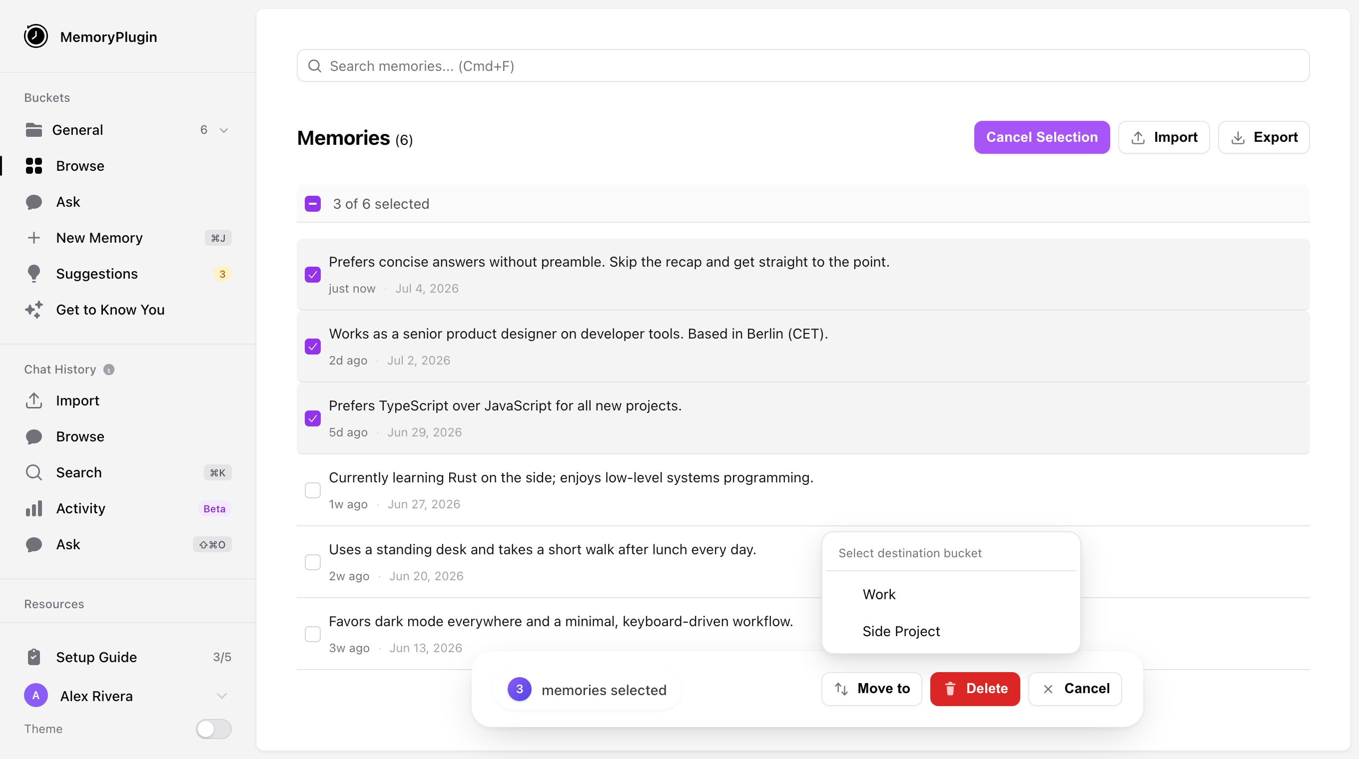 Move to dropdown open showing destination buckets Work and Side Project