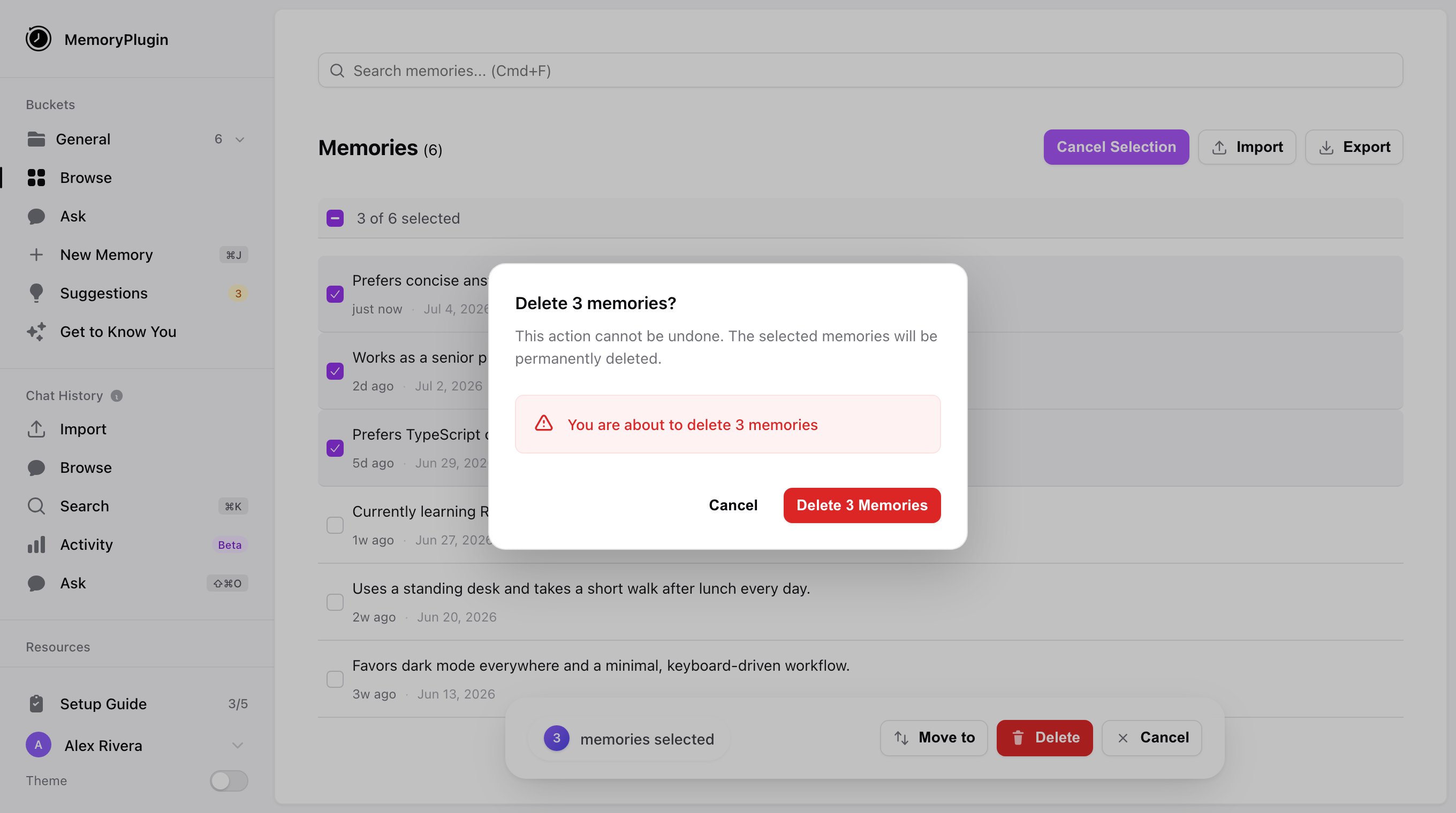 Delete 3 memories confirmation dialog