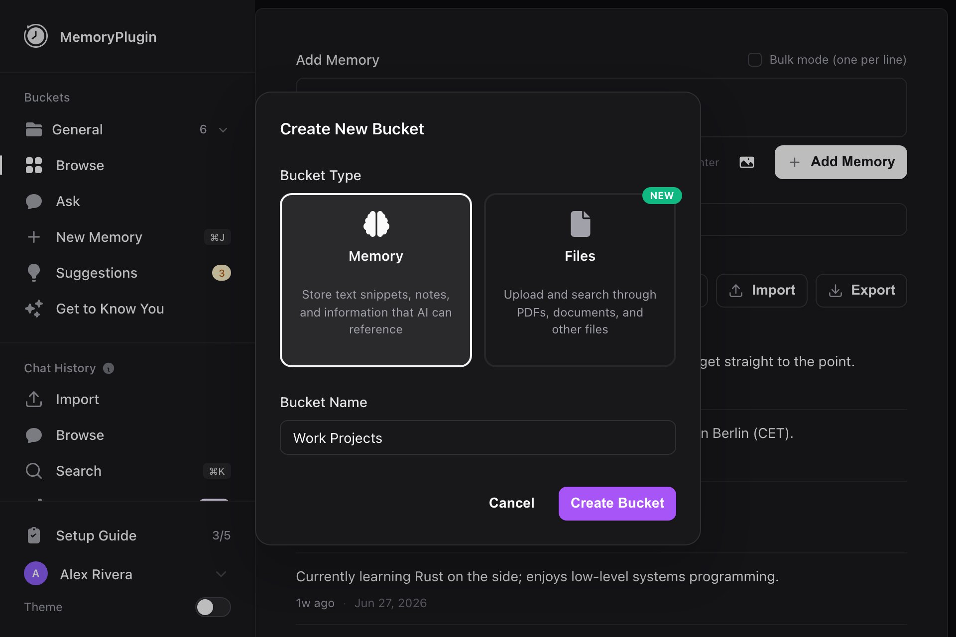 Create New Bucket dialog with Bucket Type set to Memory and the name Work Projects