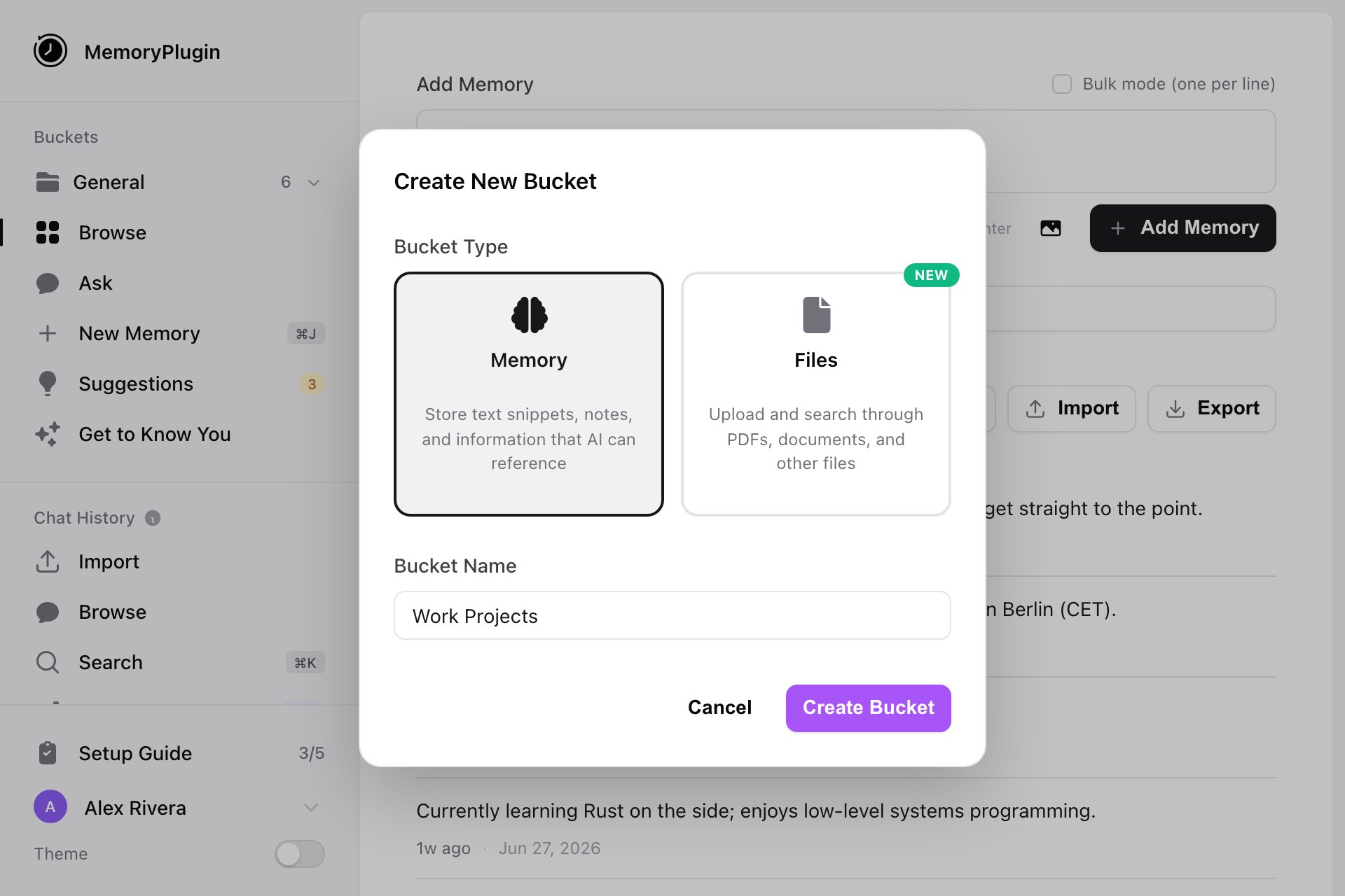 Create New Bucket dialog with Bucket Type set to Memory and the name Work Projects