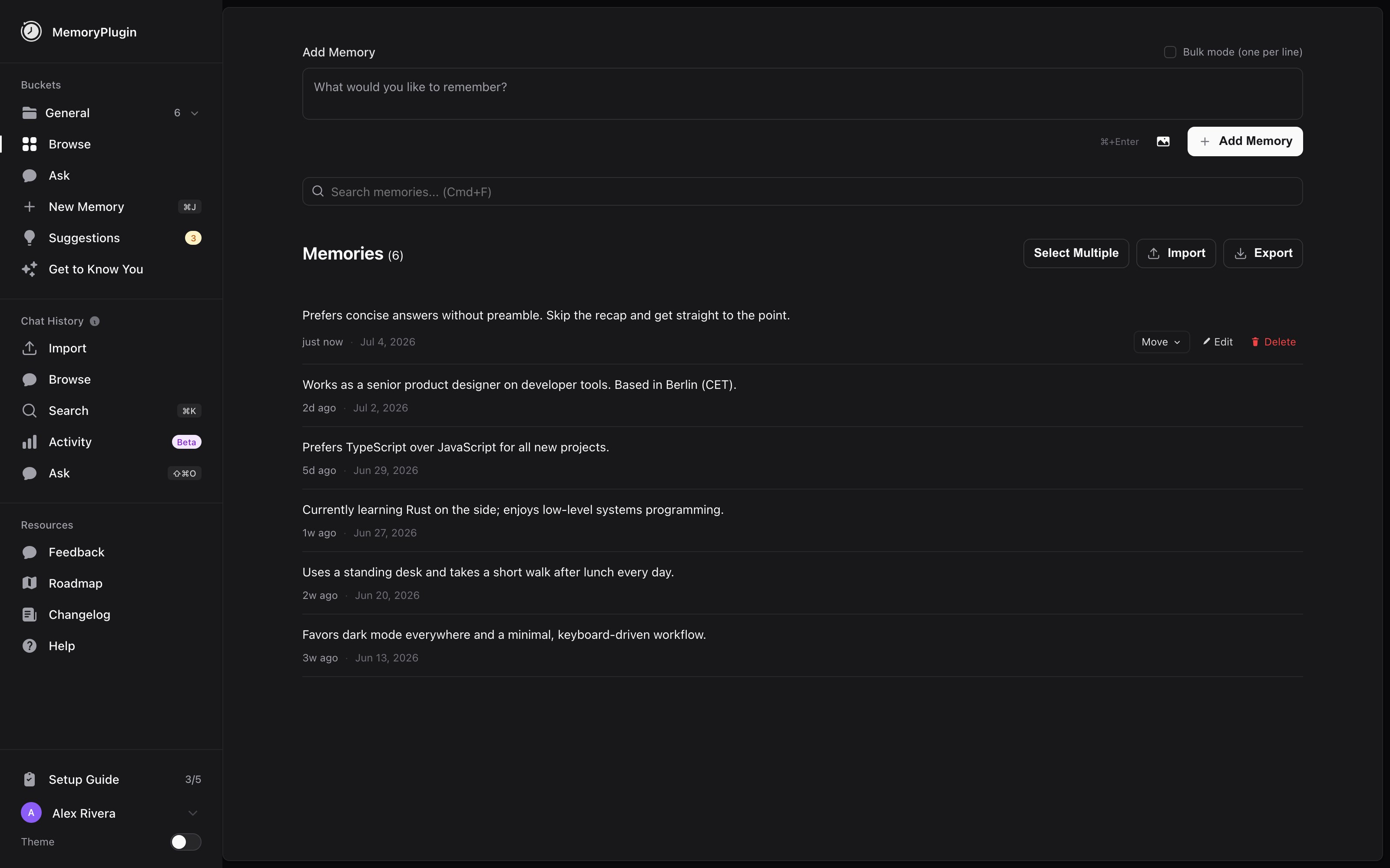 The MemoryPlugin dashboard showing memory buckets, the add memory box, and a list of saved memories
