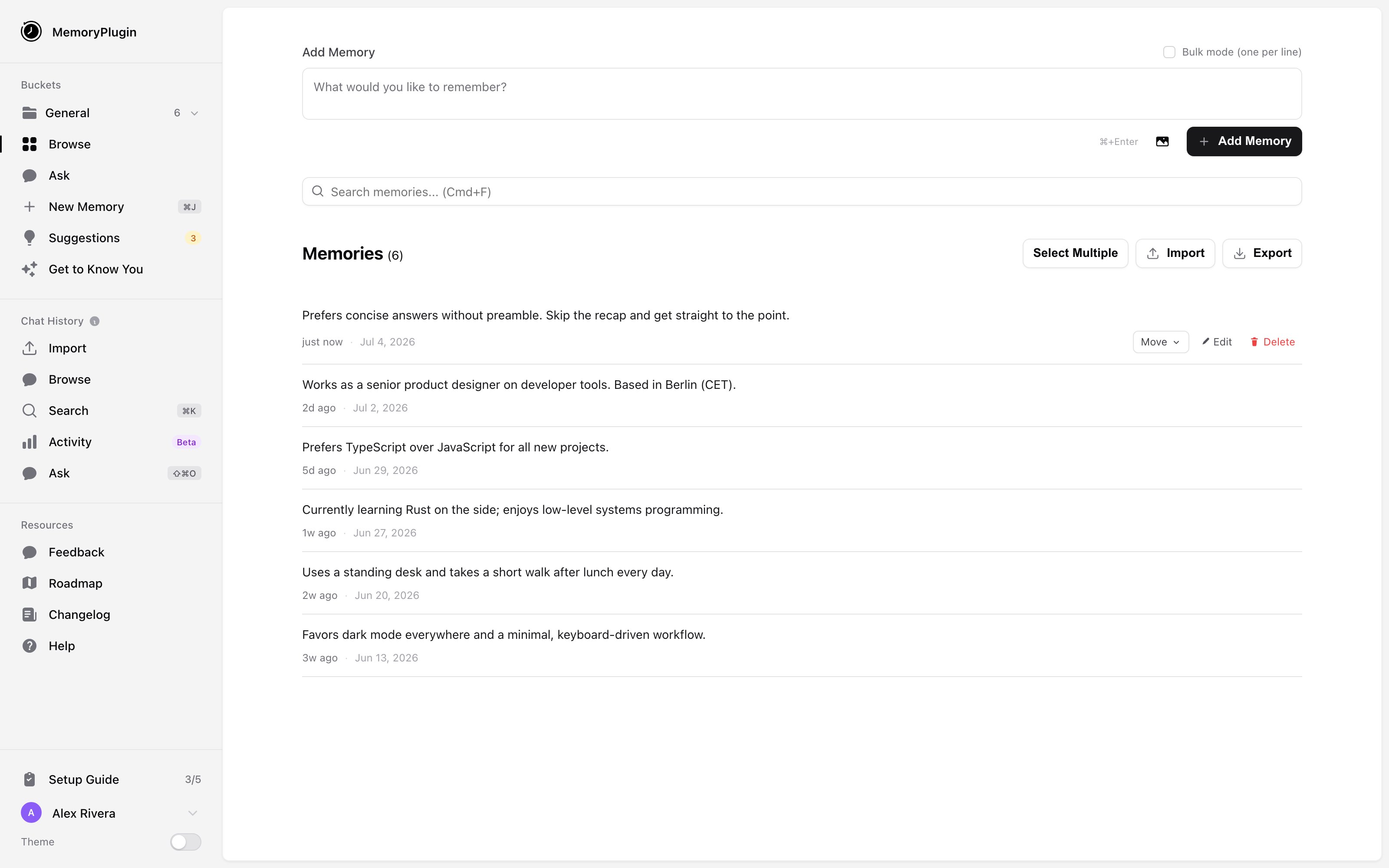 The MemoryPlugin dashboard showing memory buckets, the add memory box, and a list of saved memories