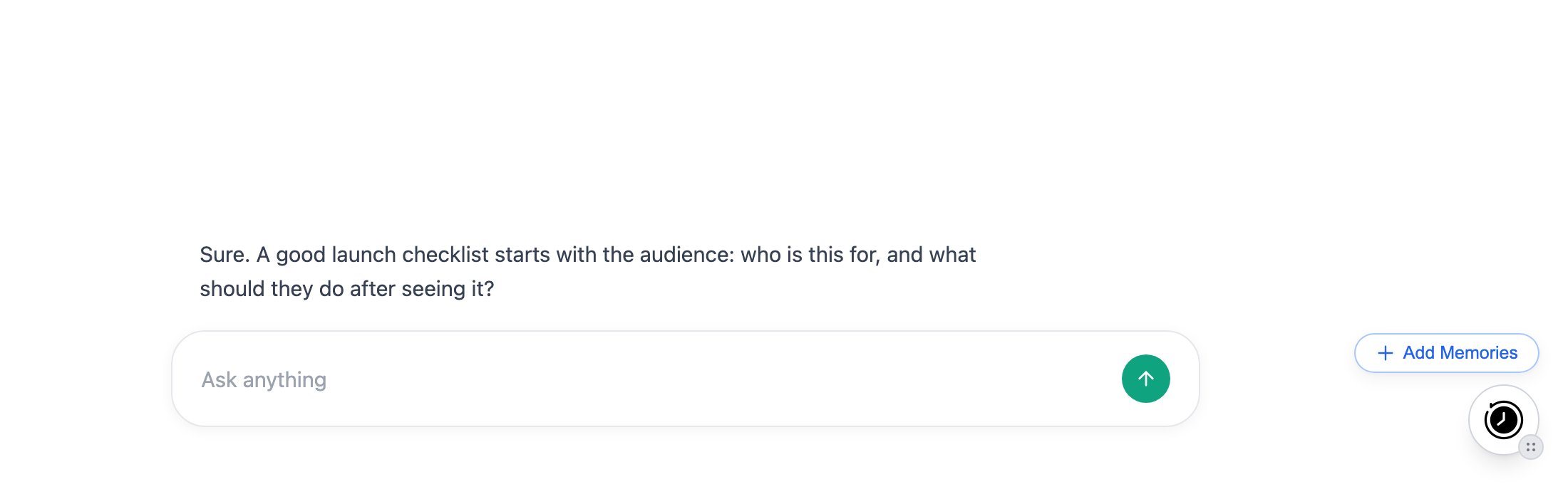 Add Memories pill above the MemoryPlugin floating button, next to the chat composer