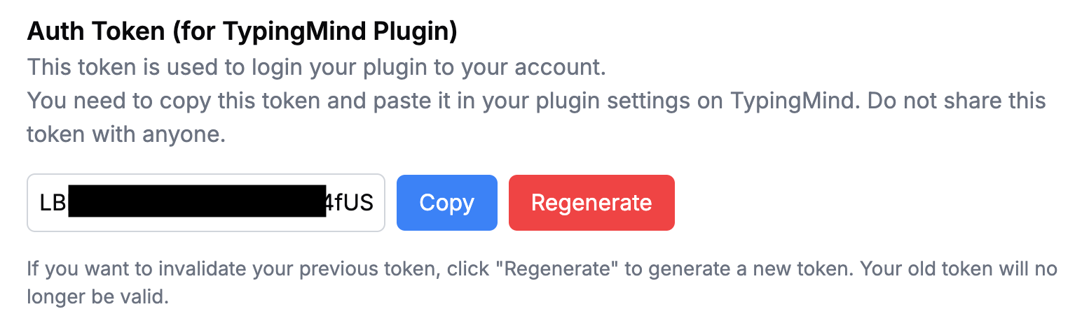 MemoryPlugin Dashboard showing the Auth Token