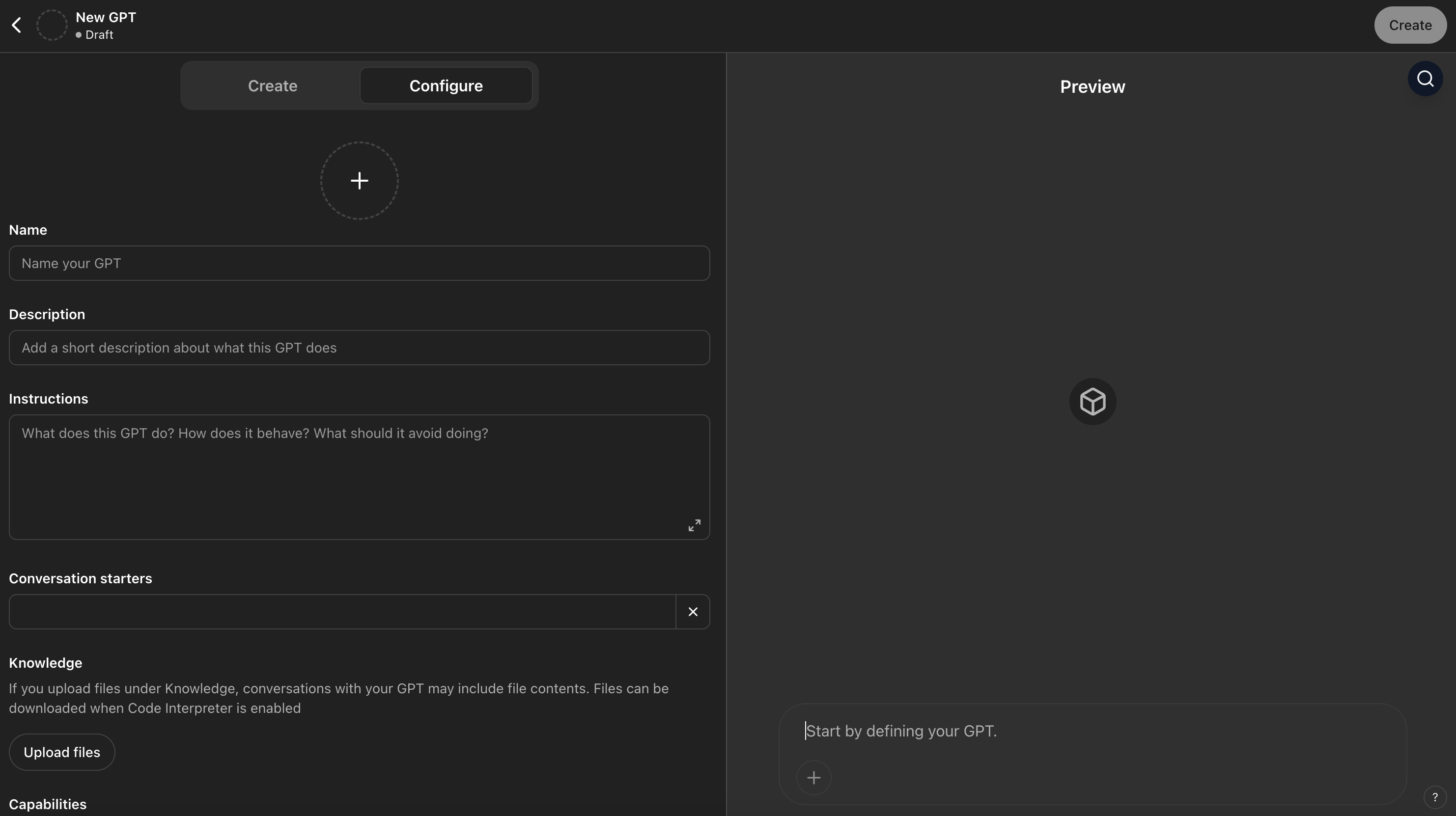 Custom GPT editor showing the Configure tab