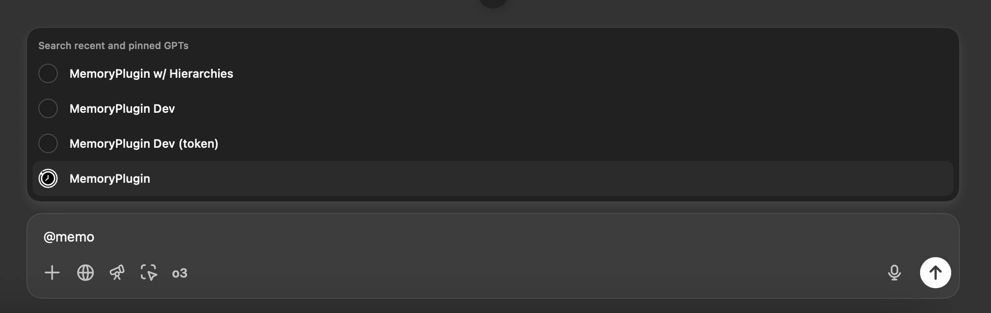Custom GPT interface showing MemoryPlugin automatically loading memories