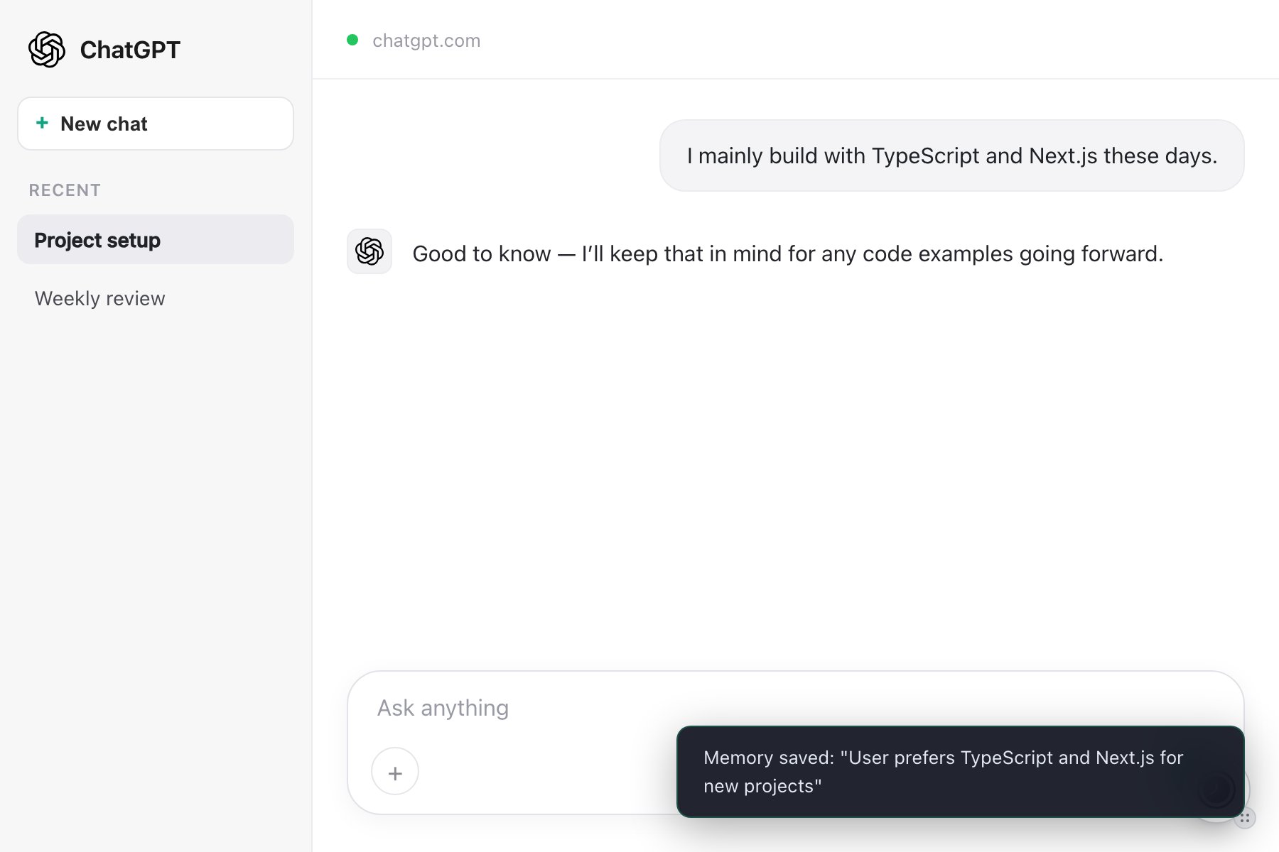 Memory saved toast reading: Memory saved: User prefers TypeScript and Next.js for new projects