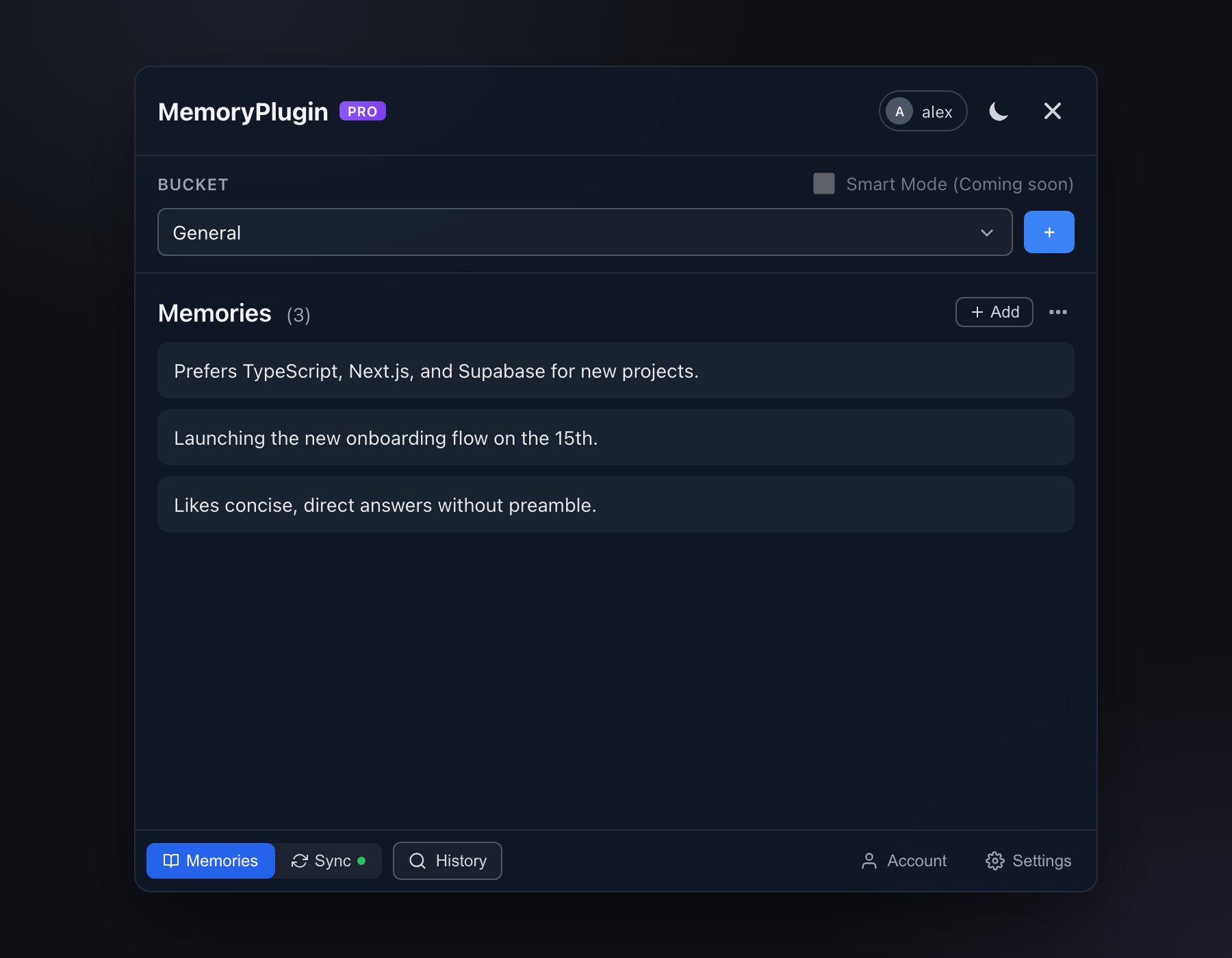 MemoryPlugin extension panel showing the General bucket, three memories, and the bottom tab bar with Memories, Sync, History, Account, and Settings