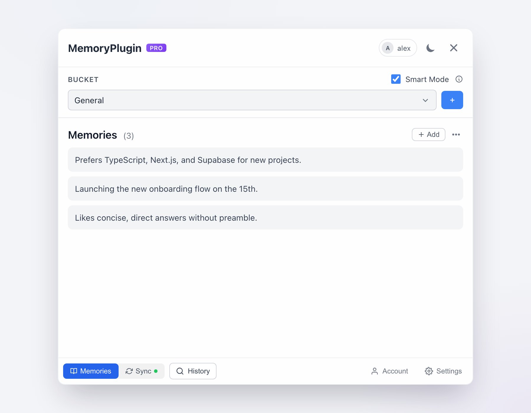 MemoryPlugin extension panel showing the General bucket, three memories, and the bottom tab bar with Memories, Sync, History, Account, and Settings