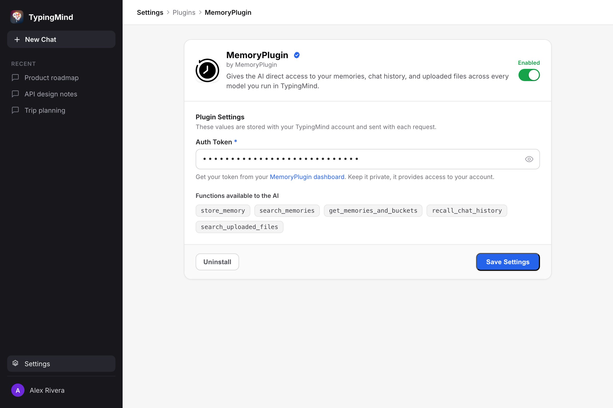 MemoryPlugin plugin settings inside TypingMind, showing the Auth Token field and available functions