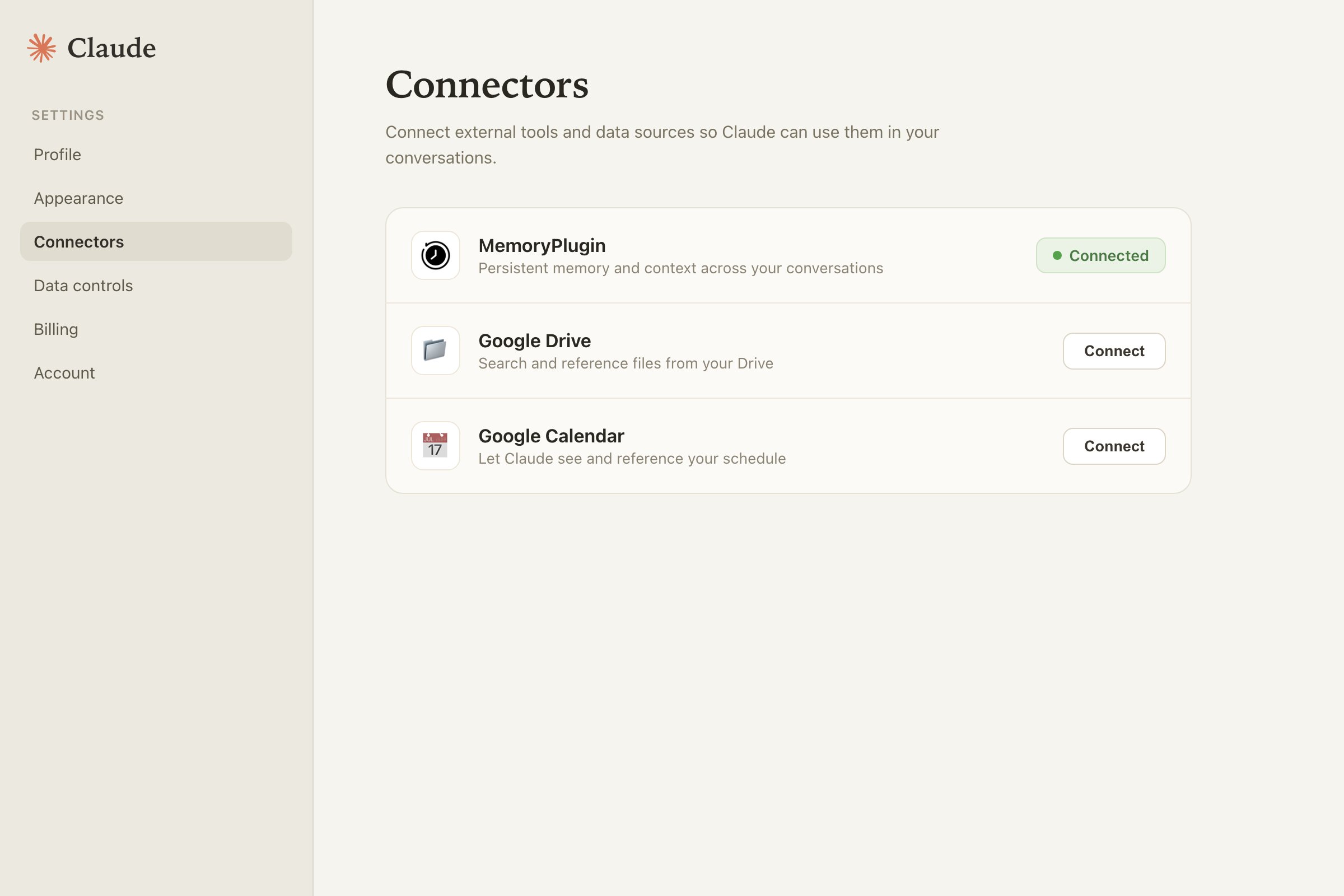 MemoryPlugin shown as a Connected connector in Claude settings