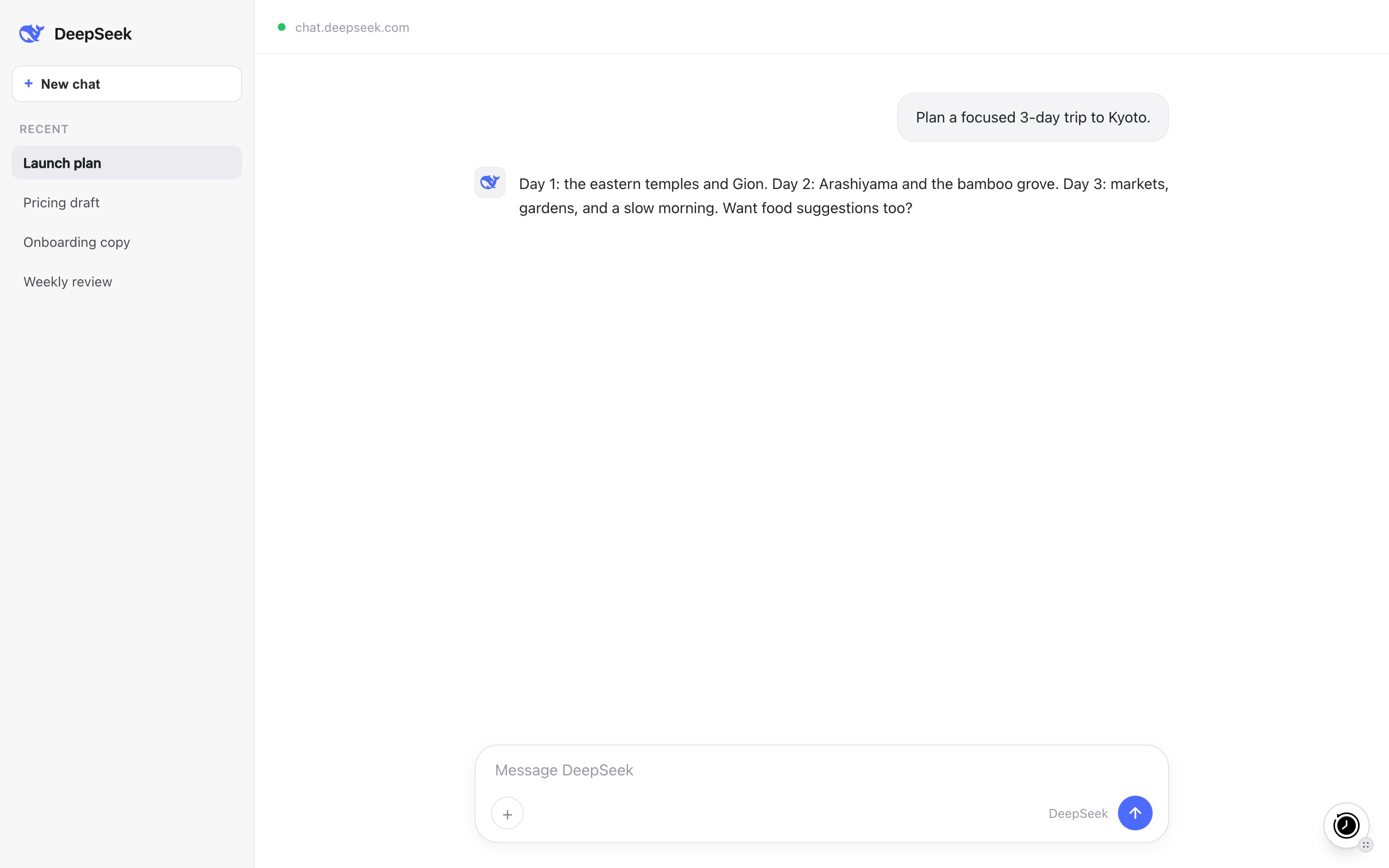MemoryPlugin floating button on DeepSeek (chat.deepseek.com)